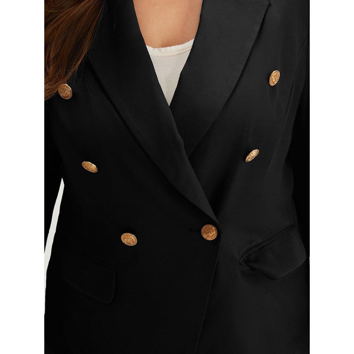 Plus Size Suit Collar Buckle Detail Pocket Blazer Black Women Work Plain Plain Sleeve Long Sleeve Suit Collar 30/6X Pocket Workwear Essentials Blazers BloomChic Product Image