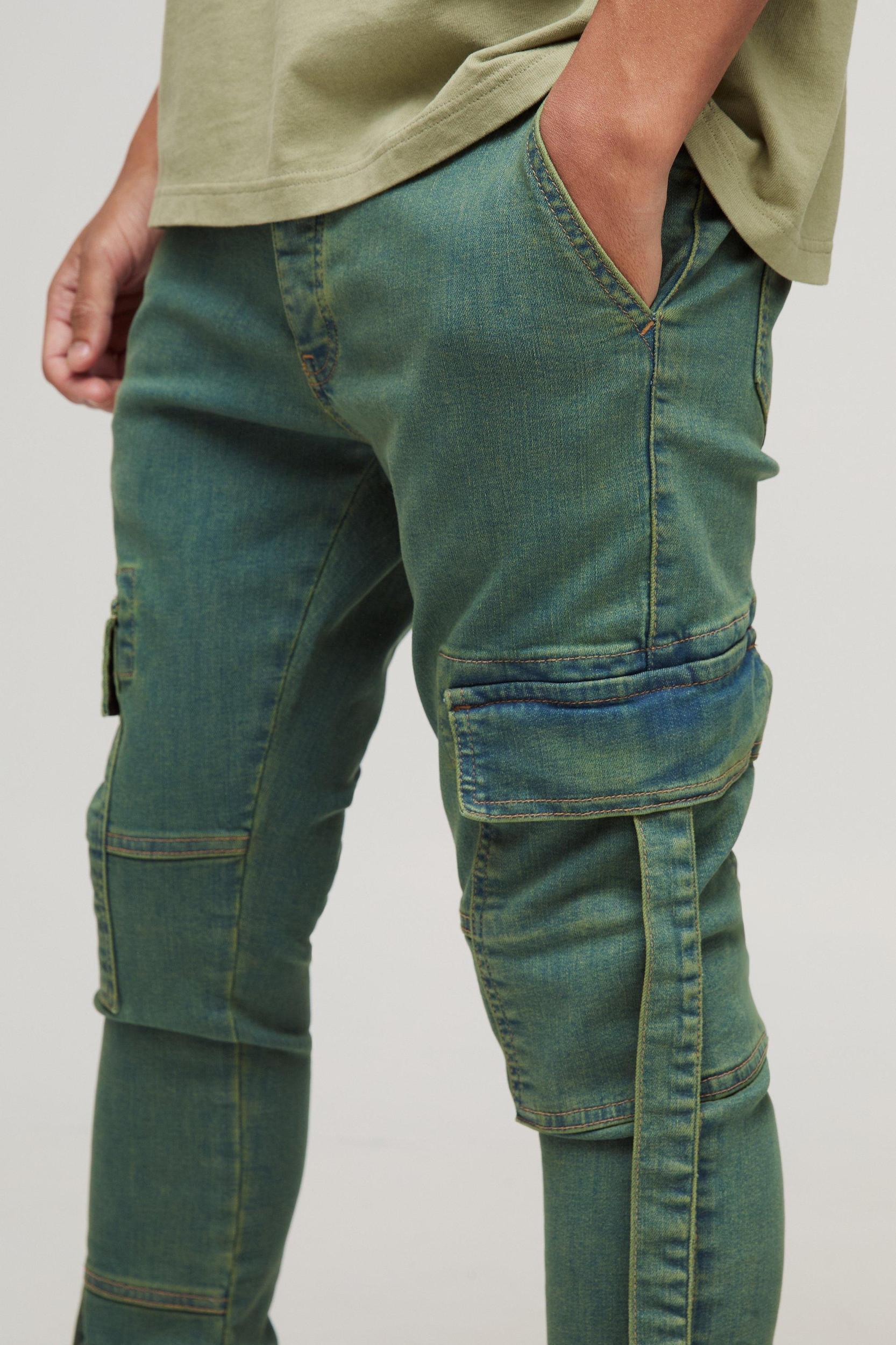 Super Skinny Stretch Cargo Strap Green Wash Jeans | boohooMAN USA Product Image