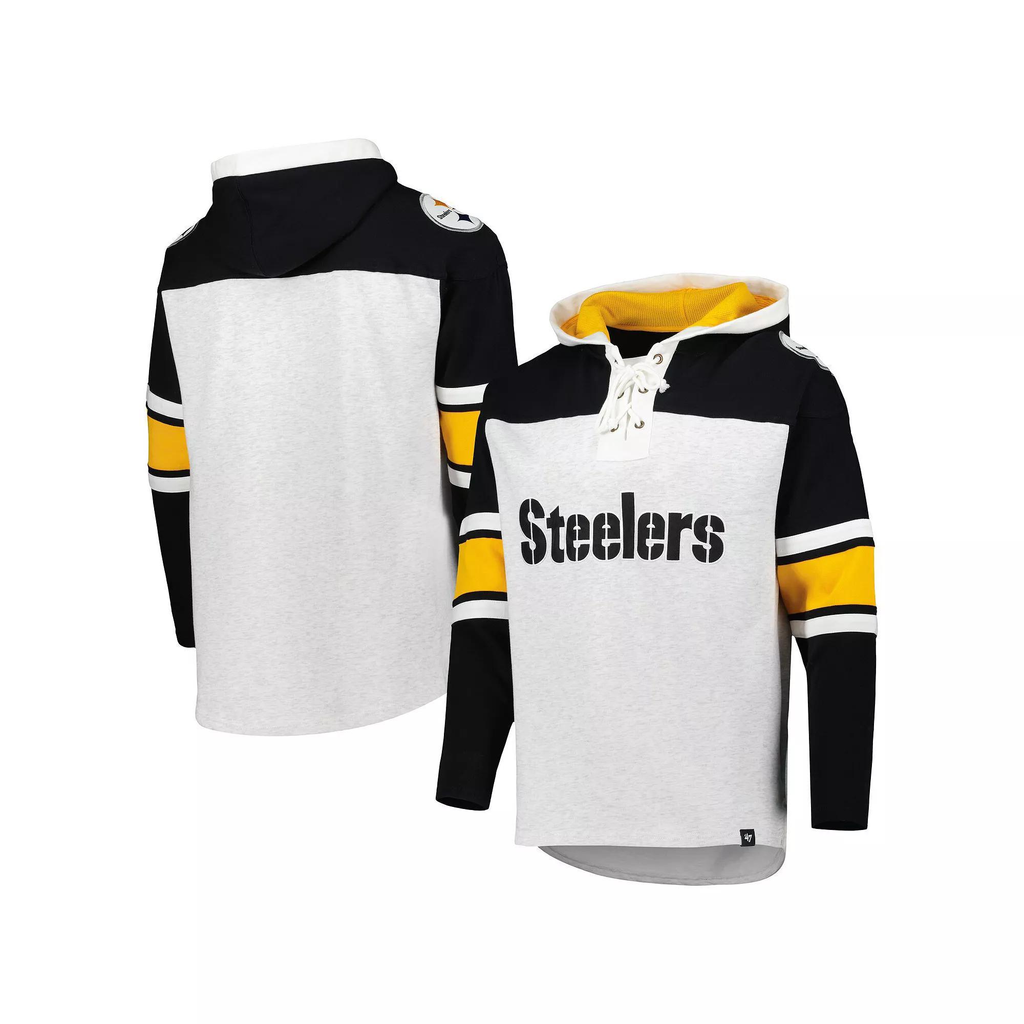 Mens 47 Pittsburgh Steelers Heather Gray Gridiron Lace-Up Pullover Hoodie Product Image