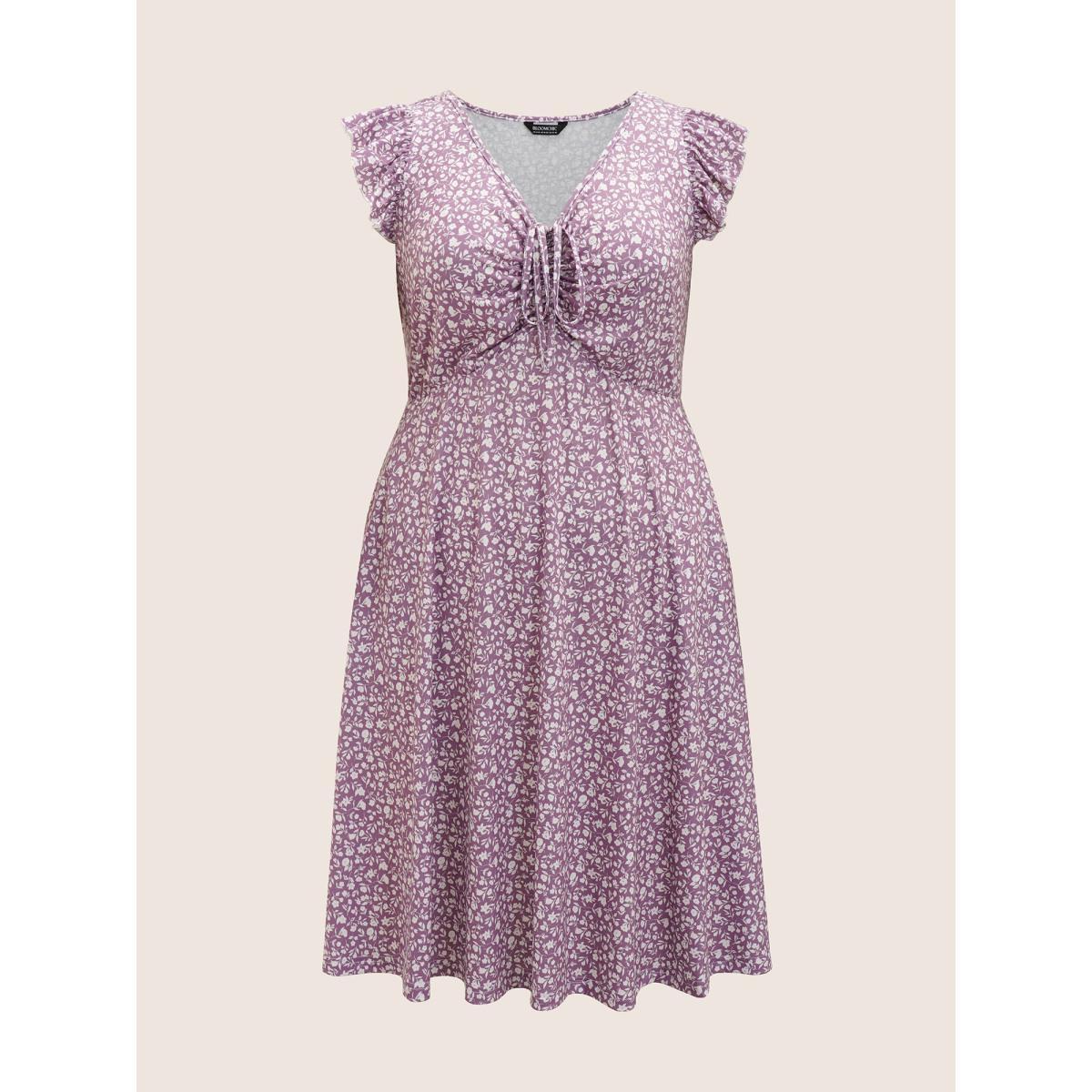 Plus Size Ditsy Floral Drawstring Ruffle Cap Sleeve Dress Mauve Women Casual Drawstring V-neck Cap Sleeve Curvy BloomChic 18-20/2X Product Image