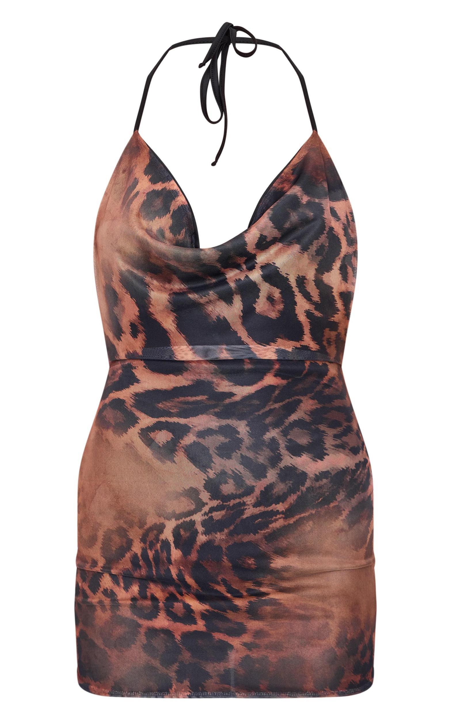 Brown Printed Slinky Cowl Neck Mini Dress Product Image