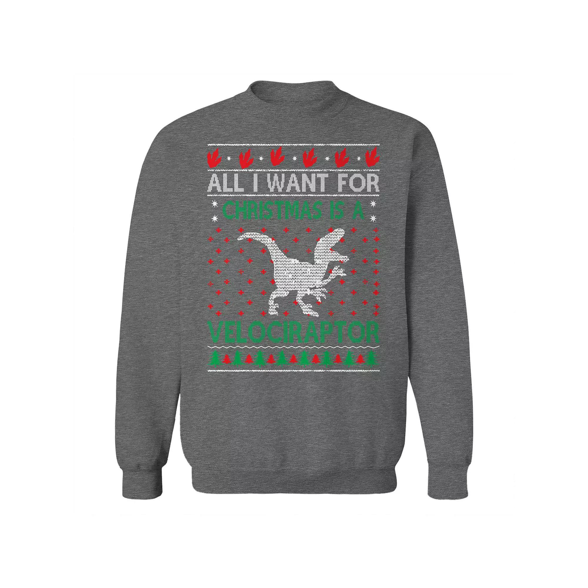 Men's Christmas Velociraptor Sweater Graphic Sweatshirt, Size: XXL, Grey Heather Product Image