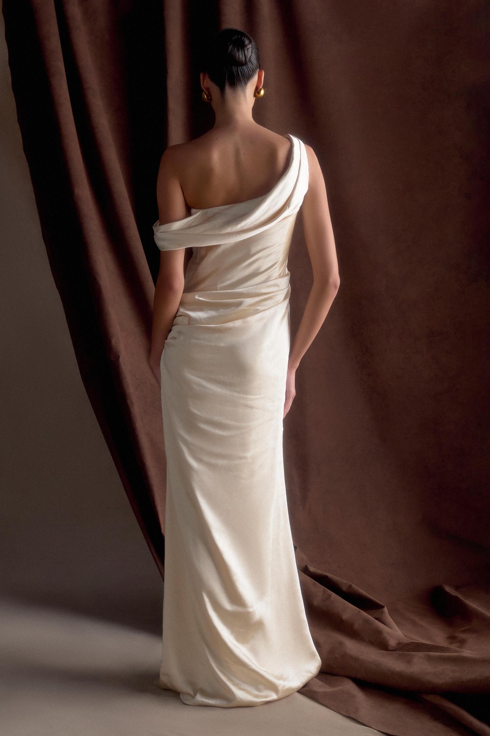 Dalia Off Shoulder Satin Maxi Dress - Blush Gold Product Image