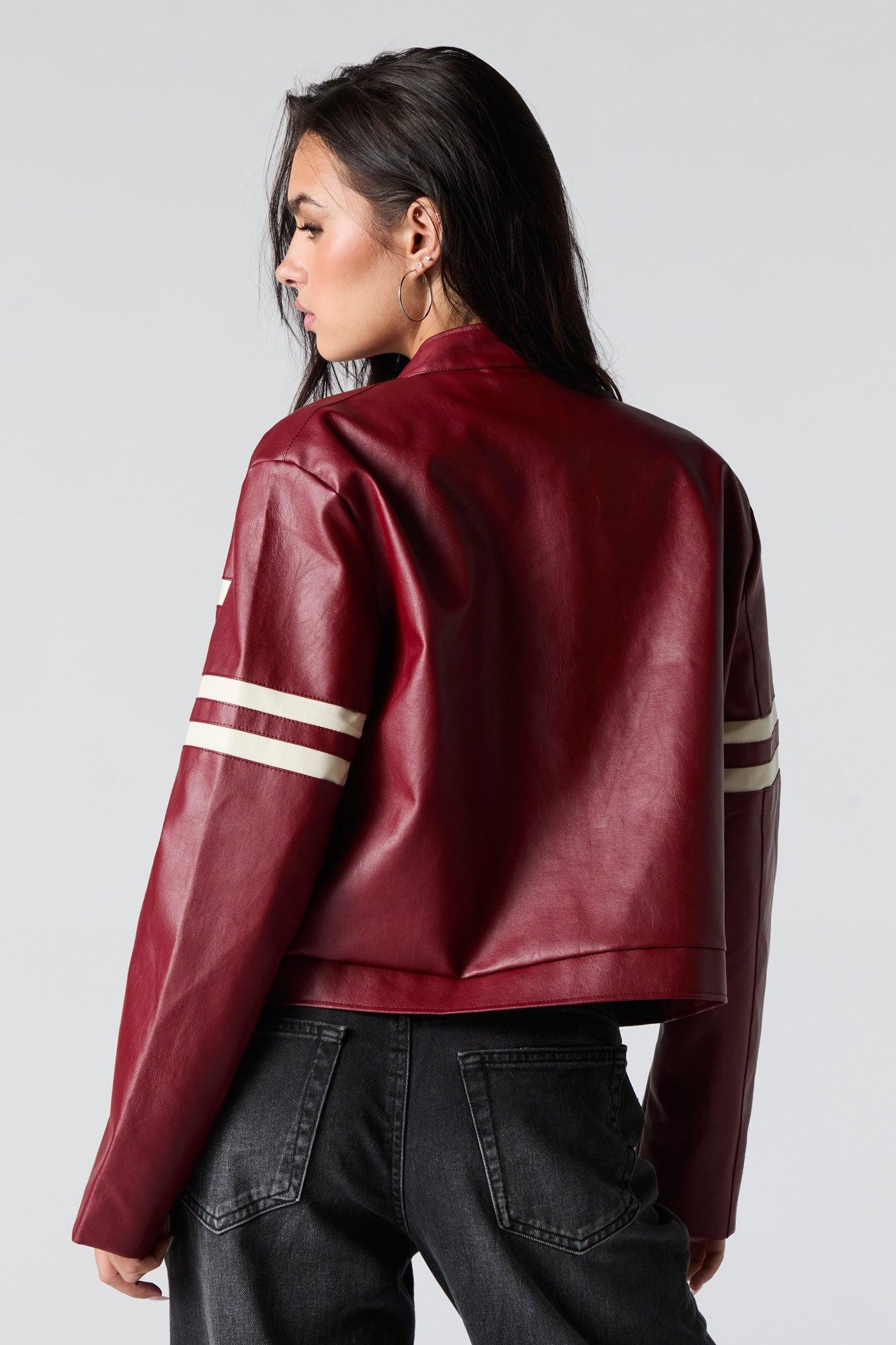 Faux Leather Contrast Striped Moto Jacket Female Product Image