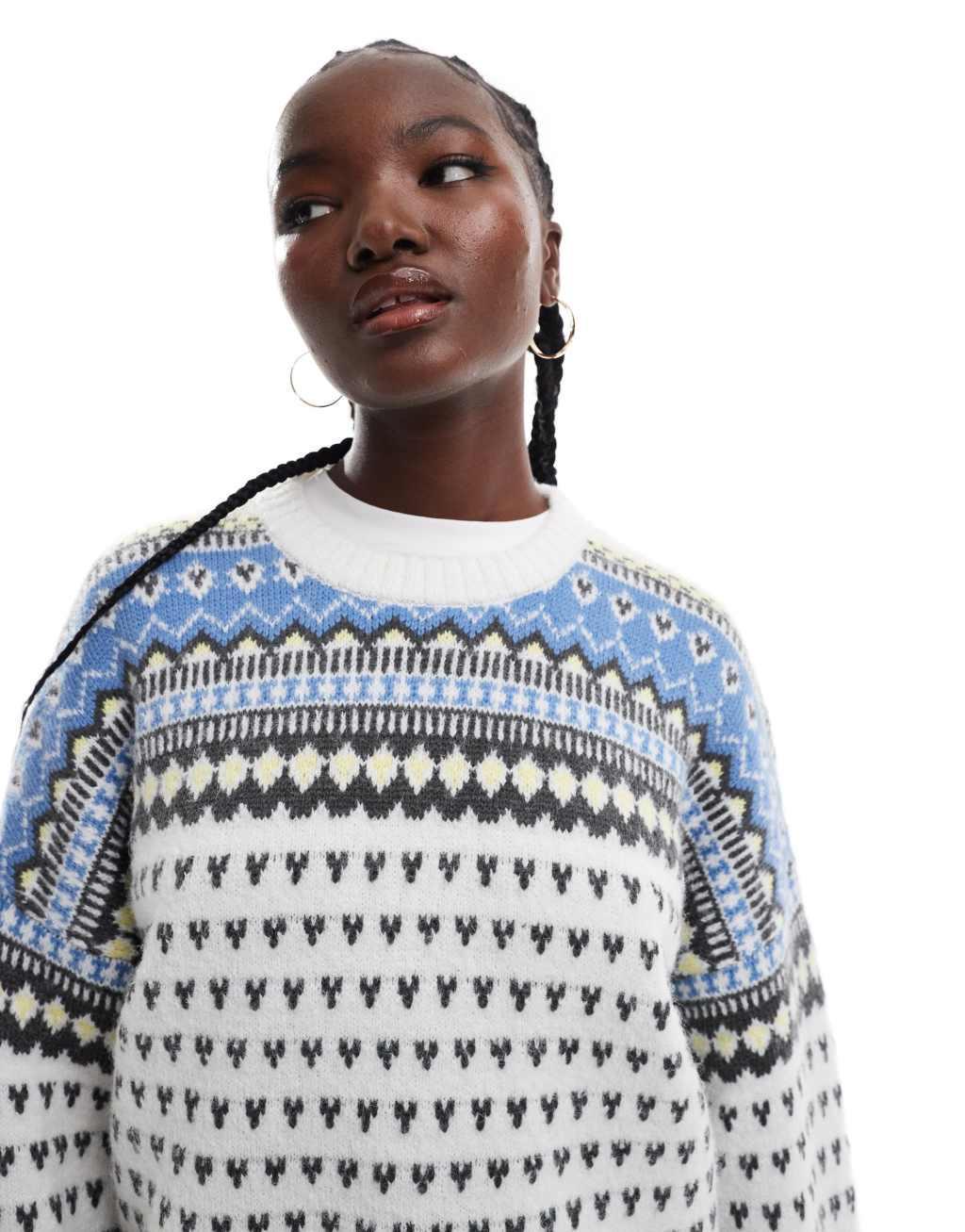 ASOS DESIGN crew neck fairisle sweater in cream Product Image