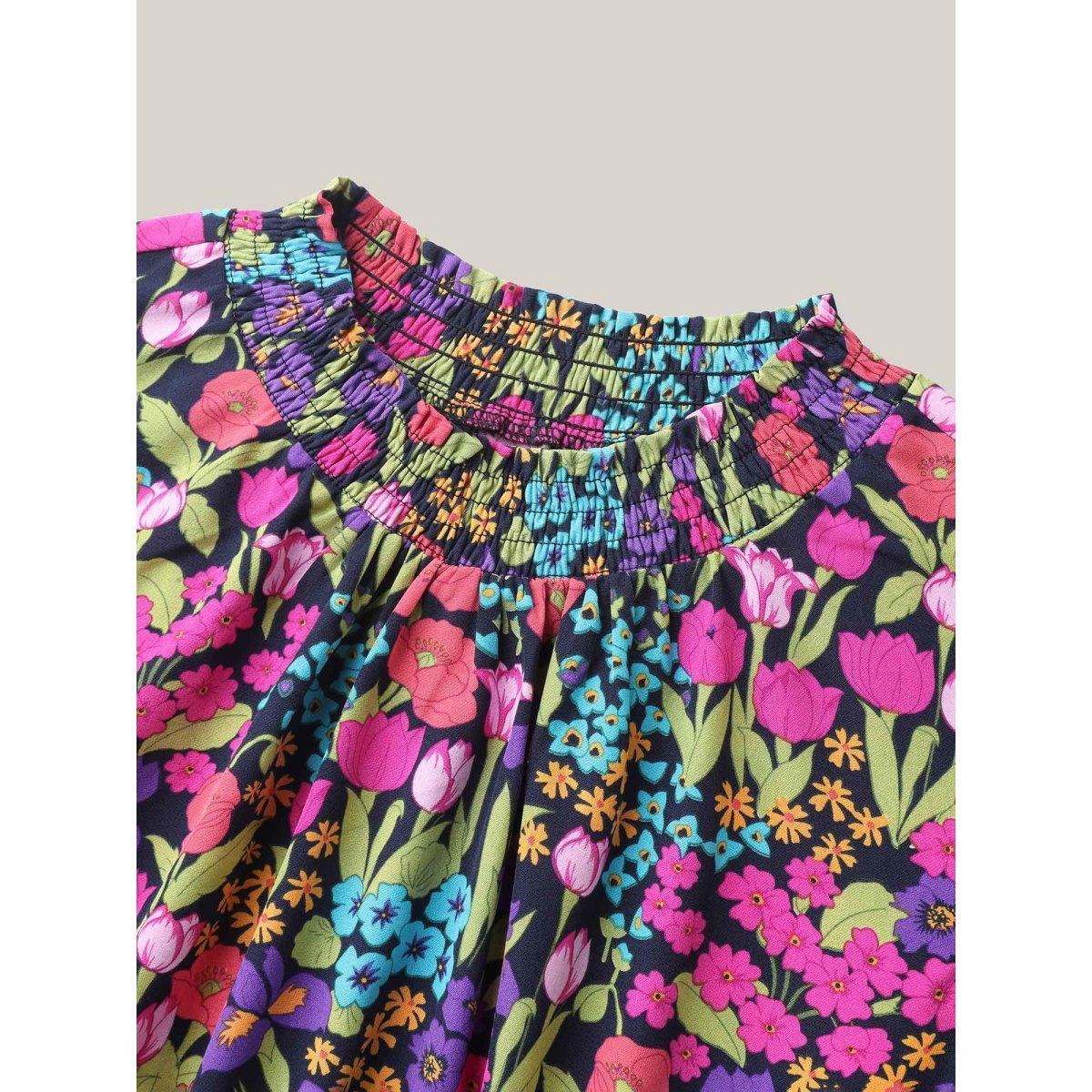 Plus Size Floral Print Shirred Pockets Midi Dress Indigo Women Elegant Frill Trim Mock Neck Cap Sleeve Curvy BloomChic 28/5X Product Image