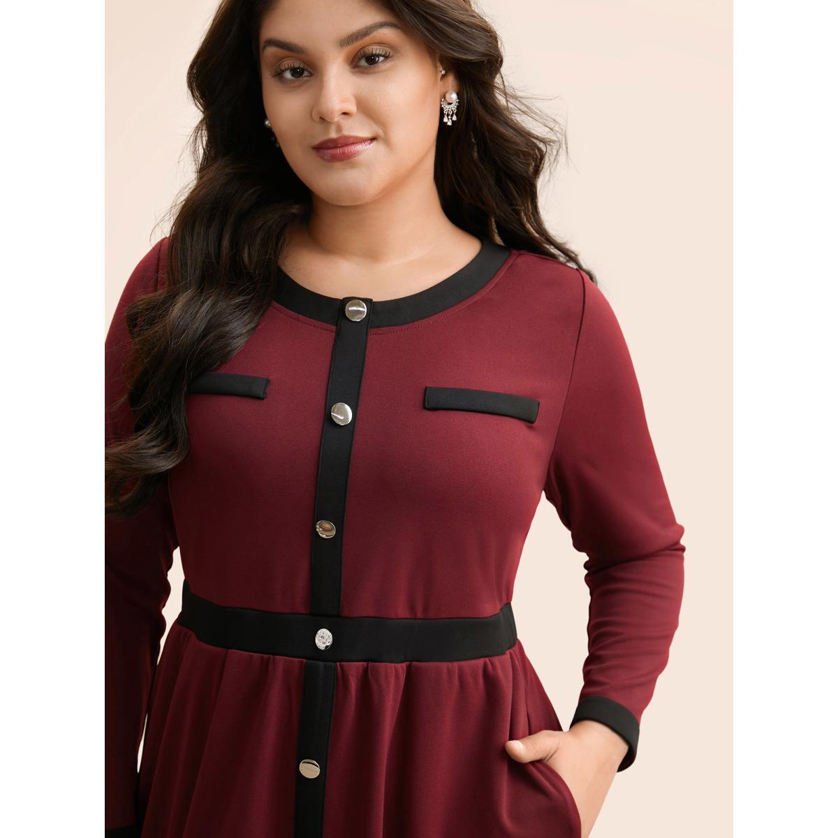 Plus Size Contrast Patchwork Metal Detail Dress Burgundy Women Elegant Contrast Round Neck Long Sleeve Curvy BloomChic 26/4X Product Image