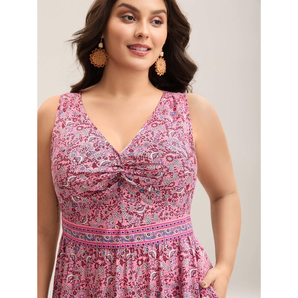 Plus Size Rayon Floral Print Stretchy Waist Maxi Dress DustyPink Women V-neck Sleeveless Curvy BloomChic 28/5X Product Image