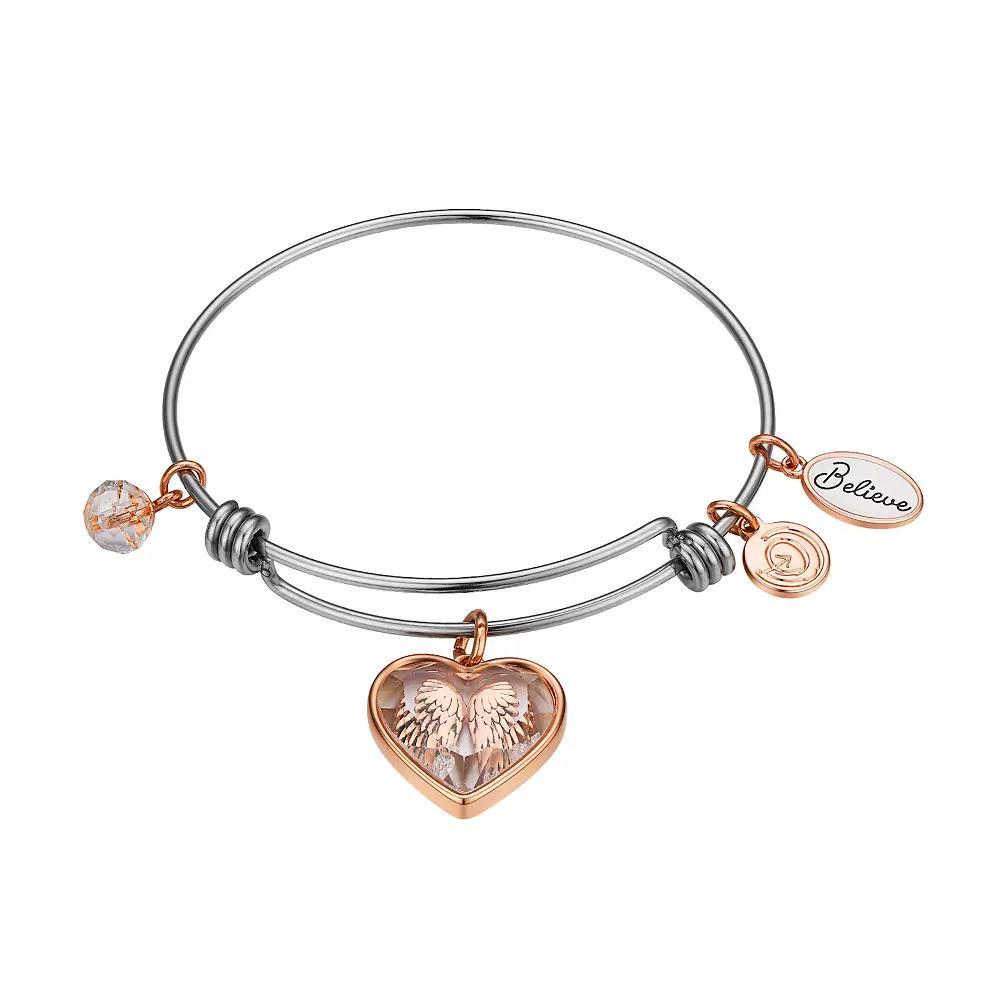 Love This Life® Two Tone Stainless Steel "Believe" Cubic Zirconia Angel Wings Shaker Bracelet, Women's Product Image