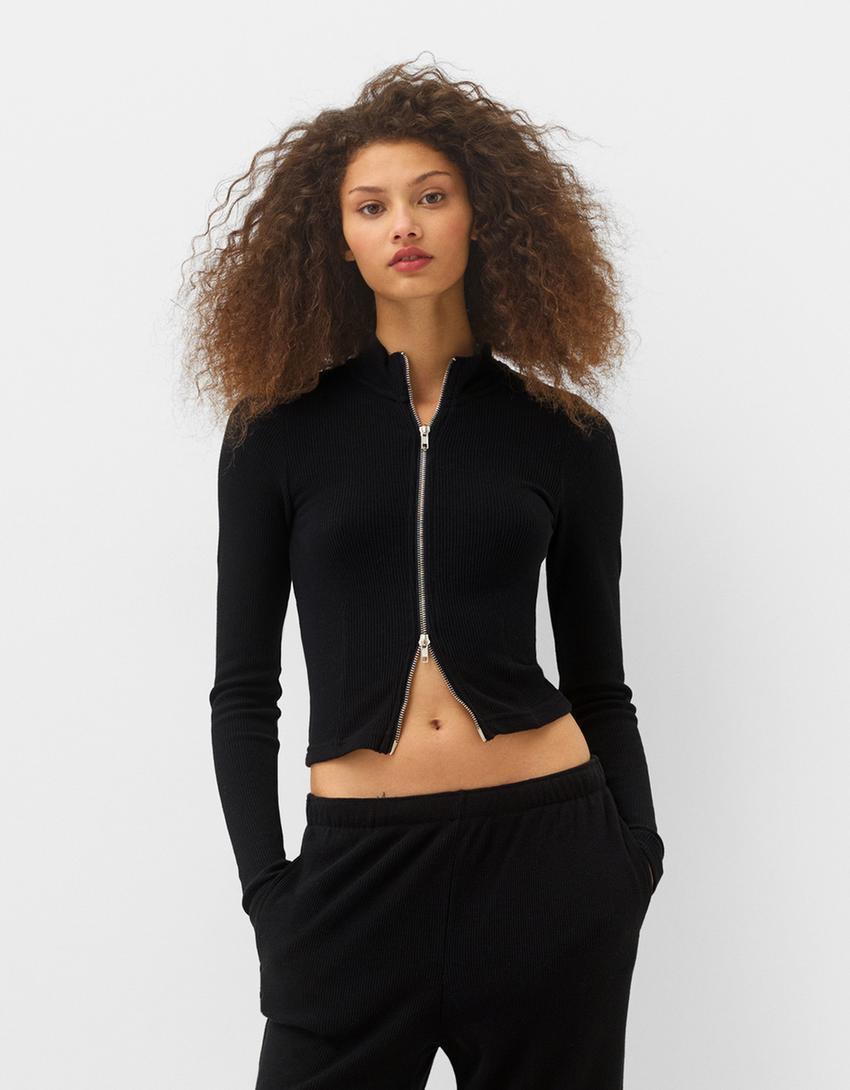 Waffle-knit sweatshirt with zipper Product Image