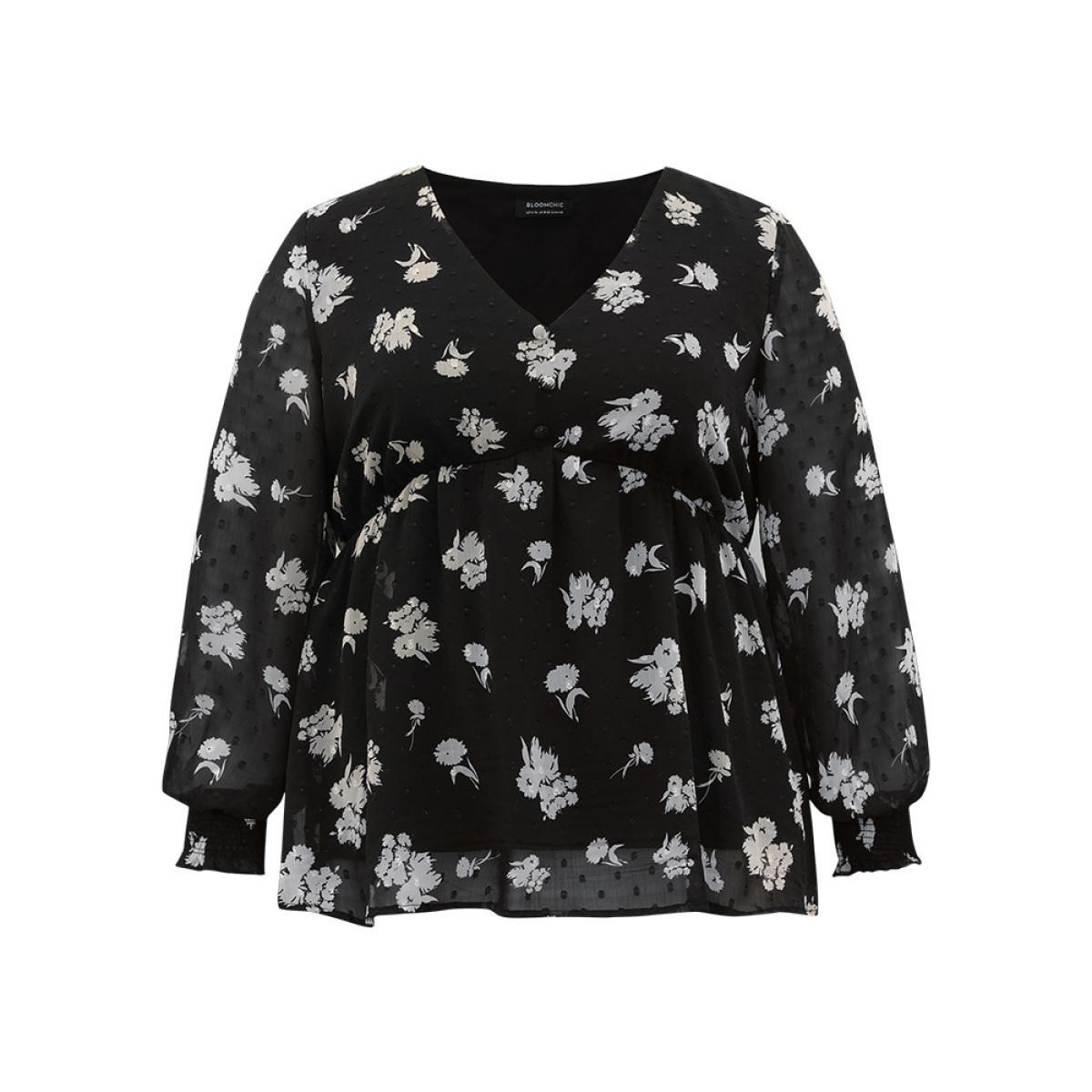 Plus Size BlackFlower Silhouette Floral Print Gathered Shirred Blouse Women Elegant Long Sleeve V-neck Dailywear Blouses BloomChic 14-16/1X Product Image