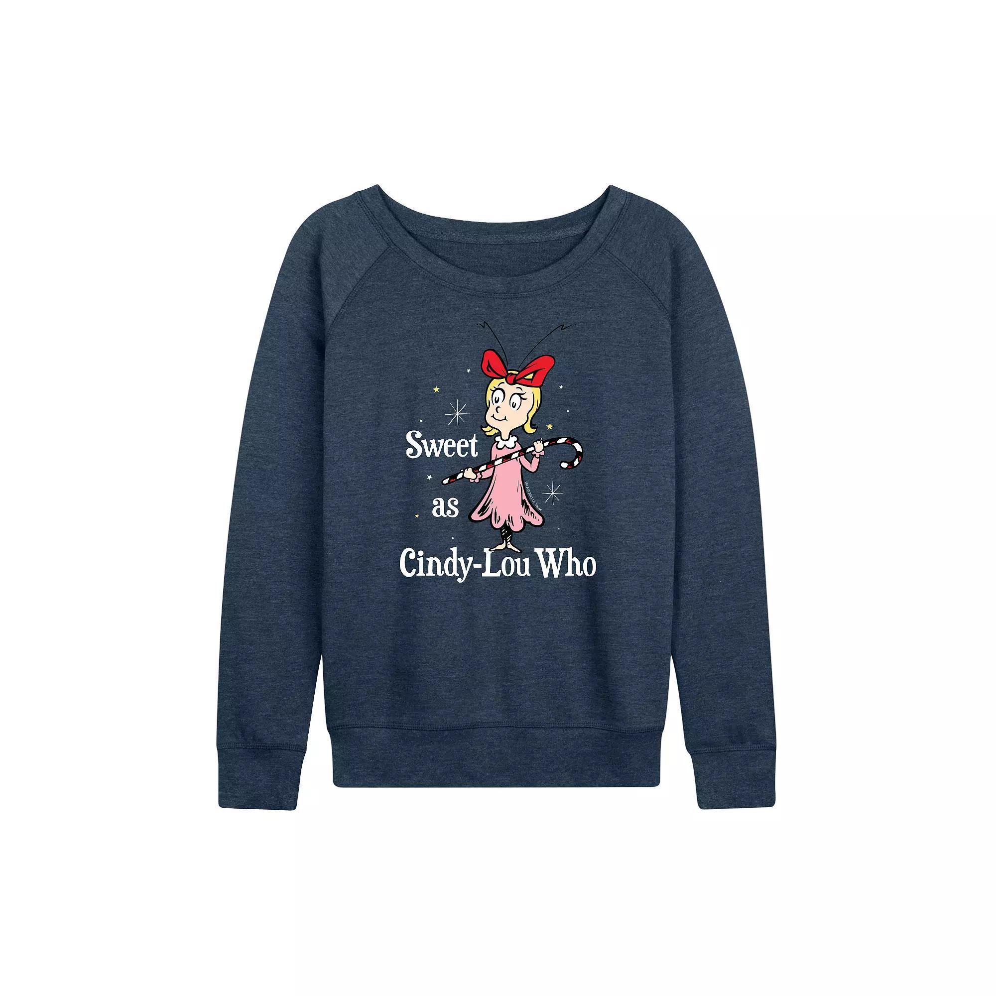 Womens Dr. Seuss The Grinch Cindy Lou Who French Terry Long Sleeve Tee, Girls Grey Green Product Image