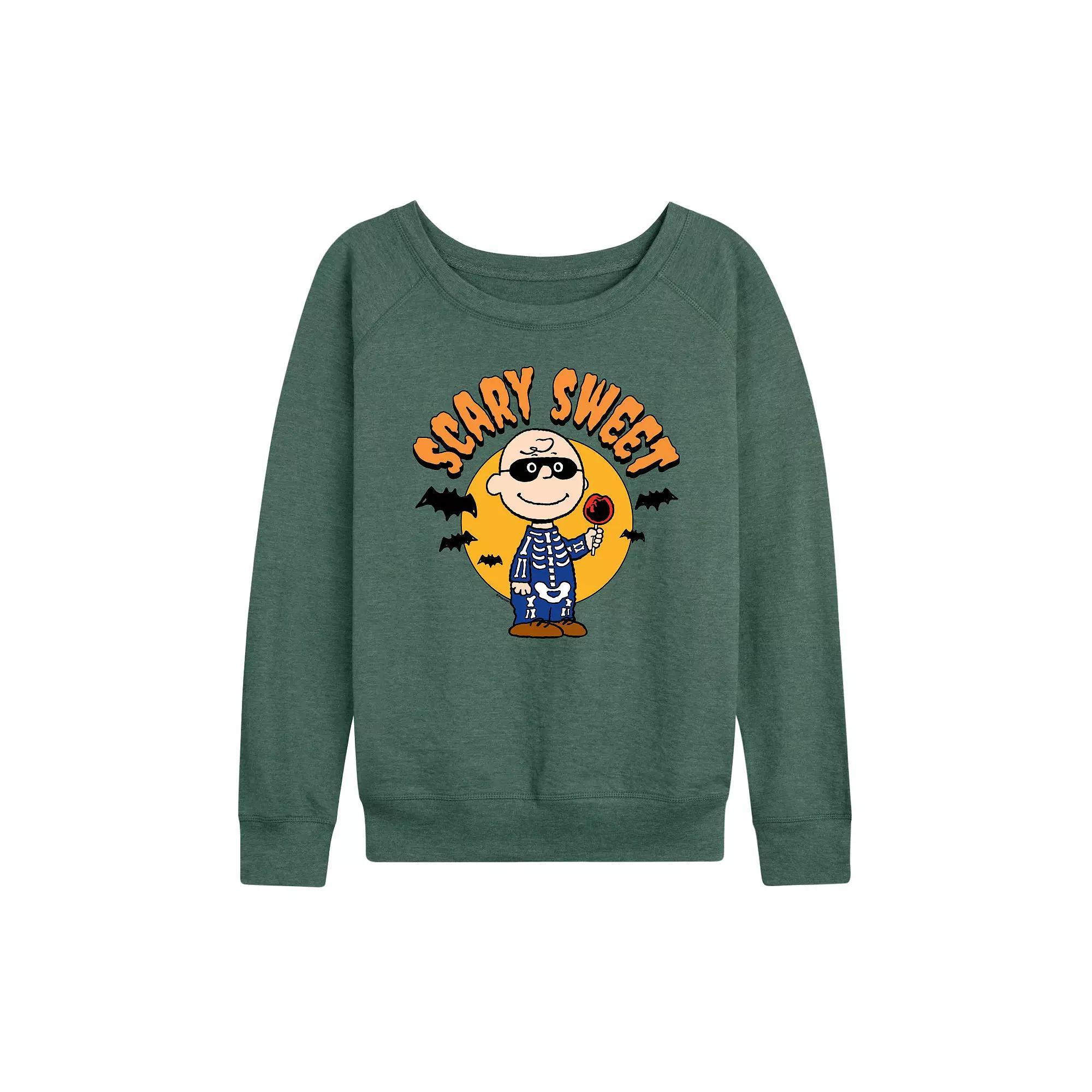 Womens Peanuts Charlie Brown Scary Sweet Halloween French Terry Long Sleeve Tee Grey Green Product Image