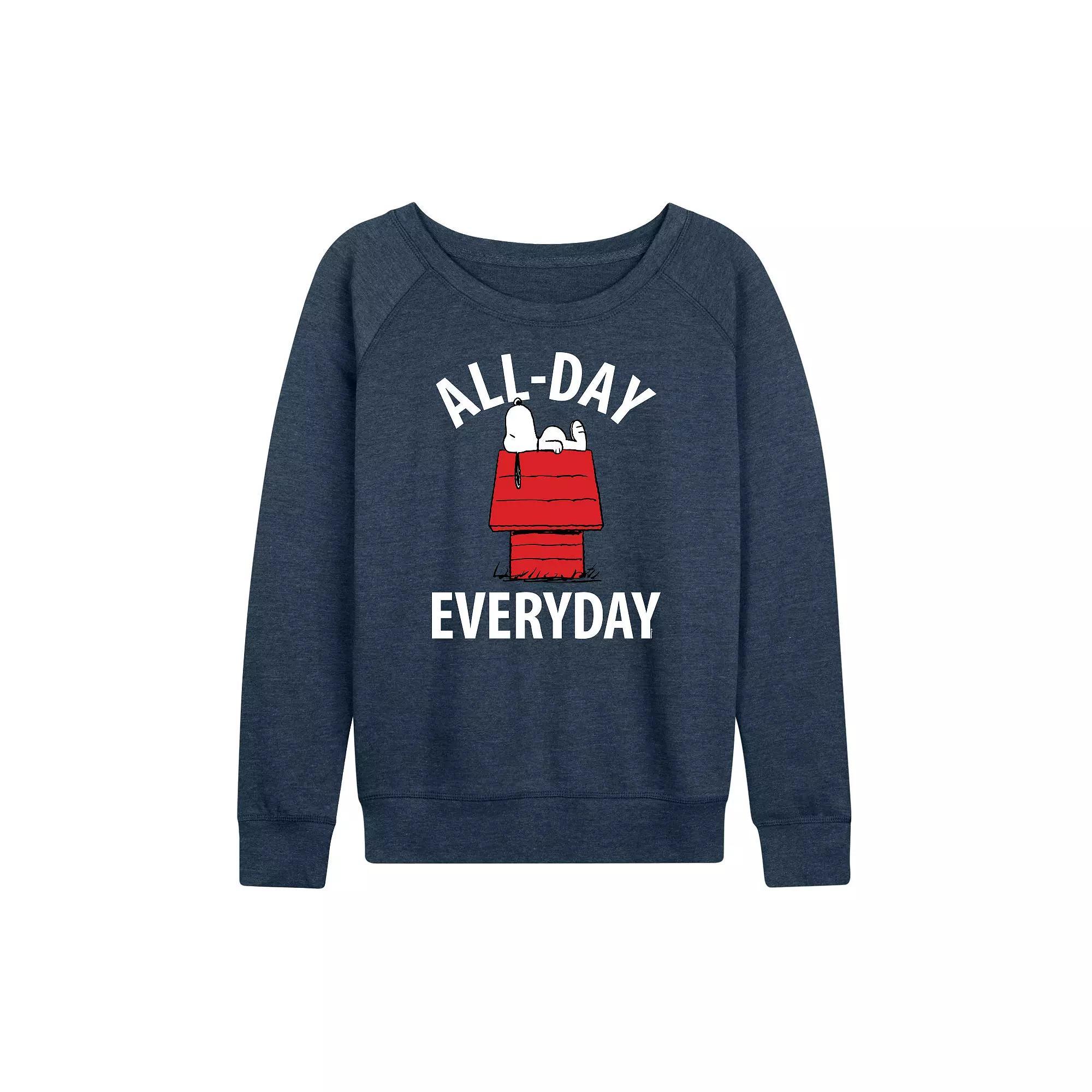 Womens Peanuts Snoopy All Day Everyday Art French Terry Long Sleeve Tee, Girls Grey Indigo Product Image