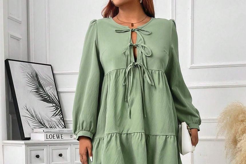 Plus Size Long-Sleeve Round Neck Plain Bow Cutout A-Line Dress Product Image
