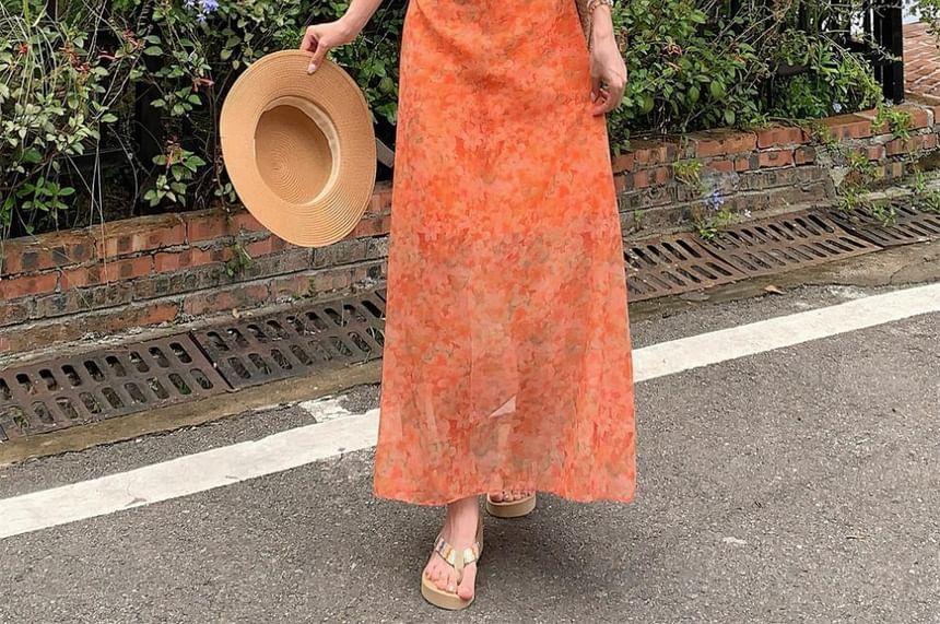 Sleeveless V-Neck Floral Print Ruffle Trim Tie Waist Maxi A-Line Dress Product Image