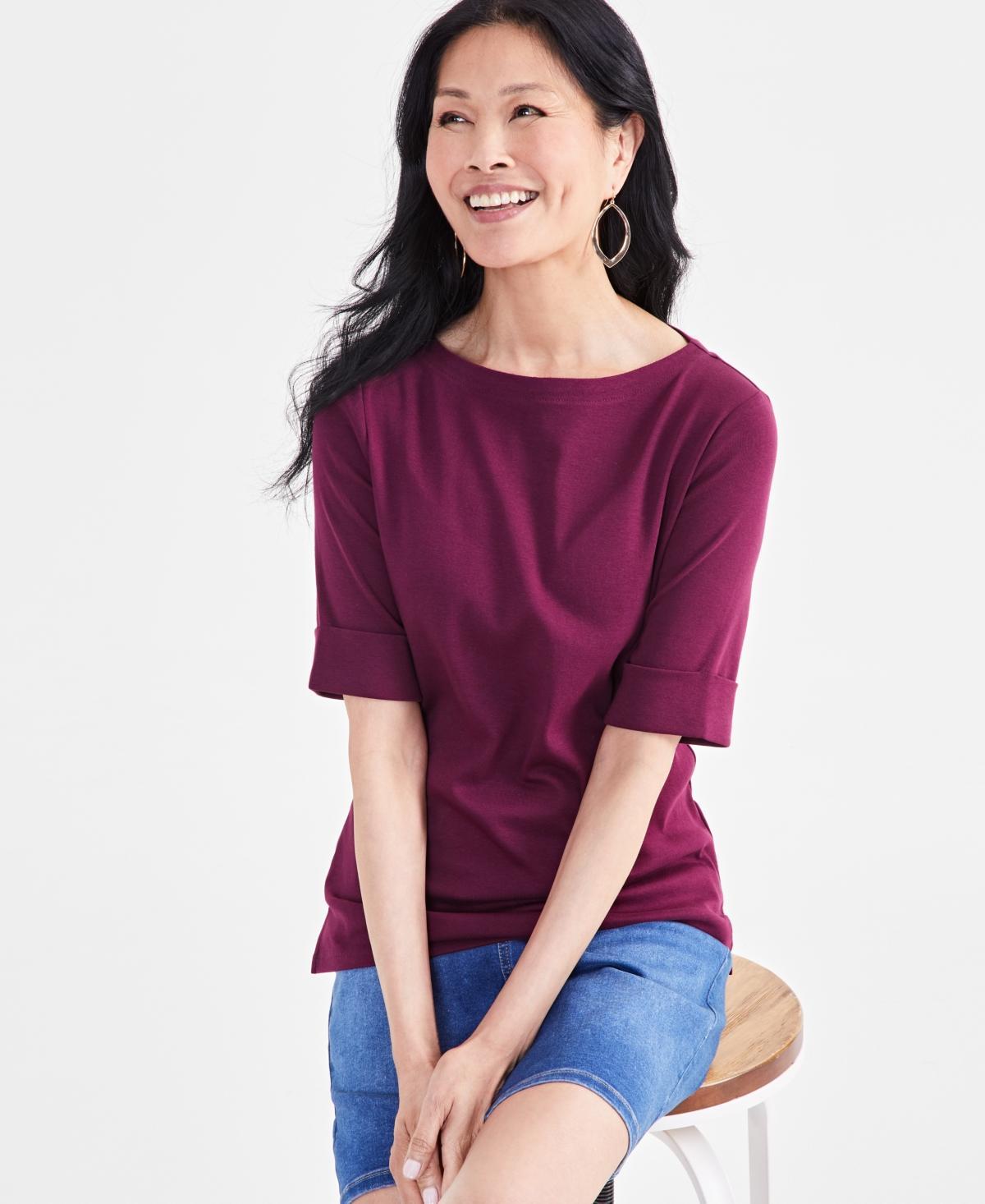 Style & Co Womens Boat-Neck Elbow Sleeve Cotton Top, Xs-4X, Created for Macys Product Image