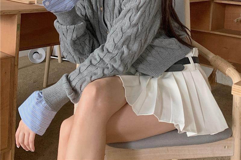 Collared Mock Two-Piece Striped Panel Cable Knit Button-Up Crop Cardigan Product Image