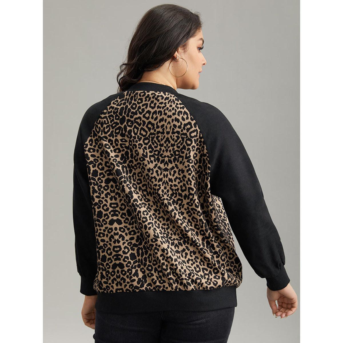 Plus Size Leopard Print Pocket Zipper Bomber Jacket Women Black Contrast Pocket Dailywear Jackets BloomChic 22-24/3X Product Image