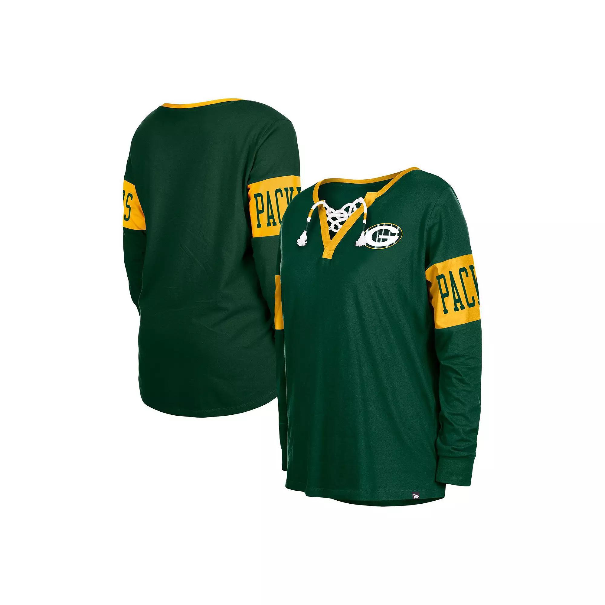 Women's New Era Green Green Bay Packers Lace-Up Notch Neck Long Sleeve T-Shirt, Size: Small Product Image