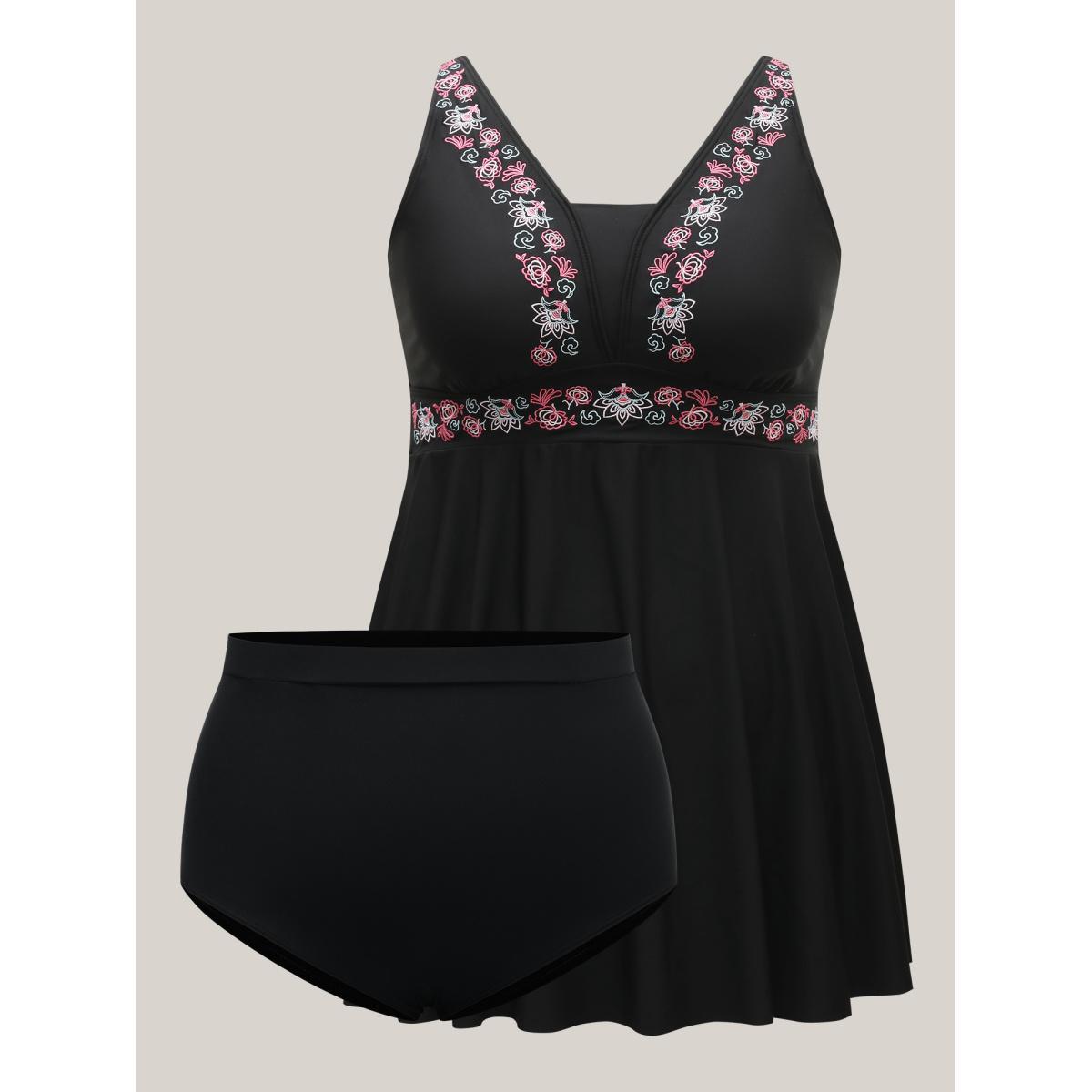 Plus Size Embroidered V-Neck Swim Dress Women's Swimwear Black Beach Bodycon V-neck High stretch Curve Swim Dresses BloomChic 30/6X Product Image