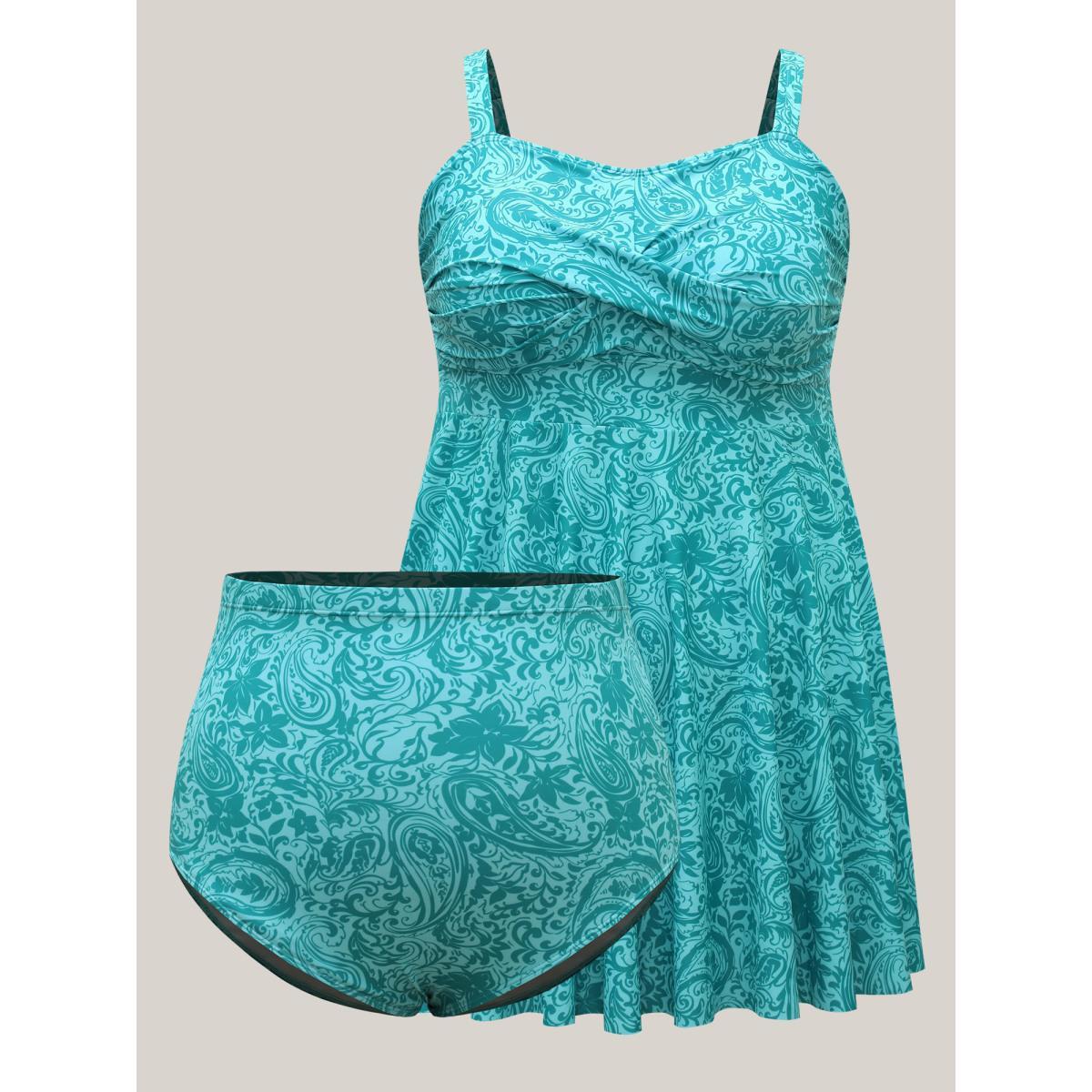Plus Size Paisley Print Twist Front Swim Dress Women's Swimwear Turquoise Beach Bodycon U-neck High stretch Curve Swim Dresses BloomChic 12/L Product Image