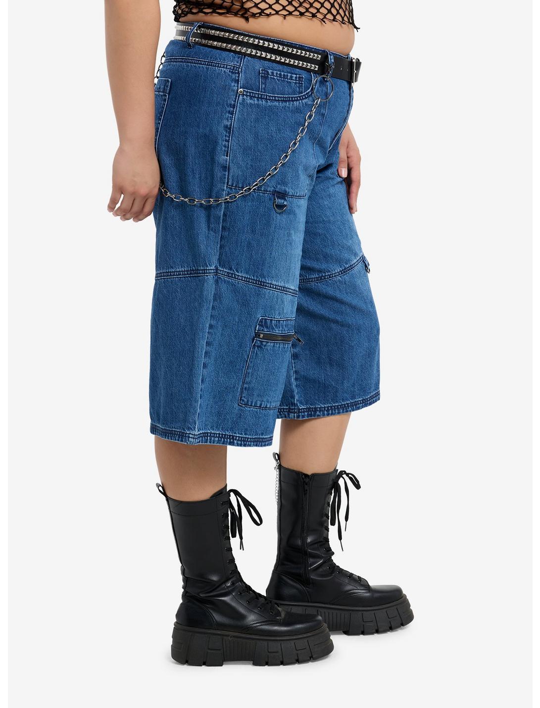 Indigo Studded Belt & Chain Denim Long Shorts Plus Size Product Image