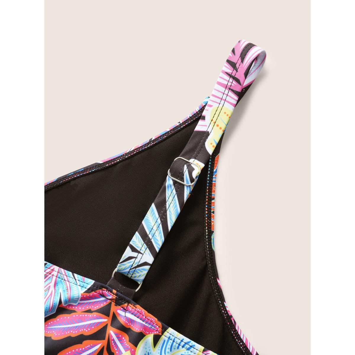 Plus Size Tropical Print Overlap Collar Hanky Hem Swim Dress Women's Swimwear Black Beach Bodycon Overlap Collar High stretch Curve Swim Dresses BloomChic 12/L Product Image