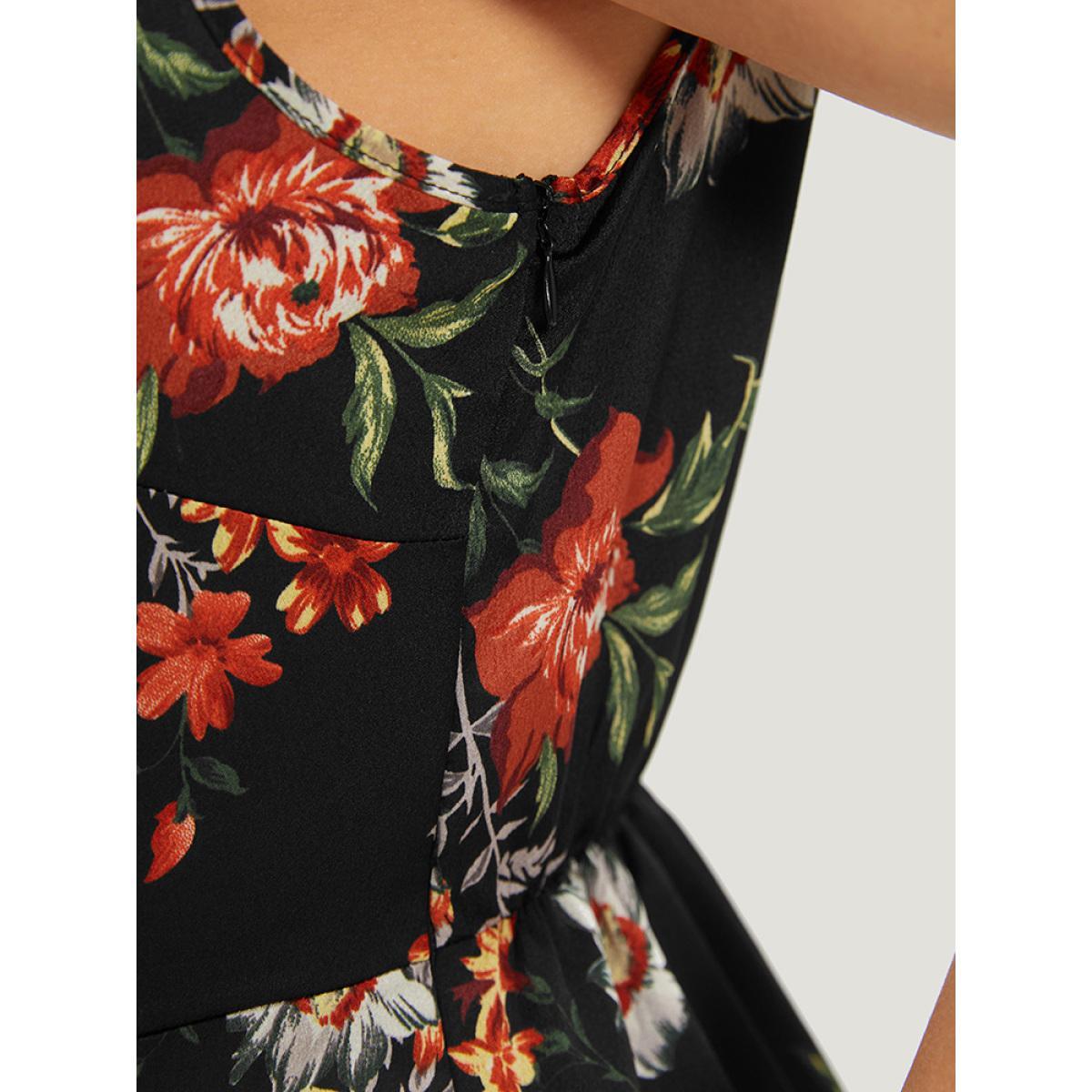 Plus Size Floral Print Fringe Trim V Neck Tank Dress Black Women Glamour Tassels V-neck Sleeveless Curvy Knee Dress BloomChic 18-20/2X Product Image