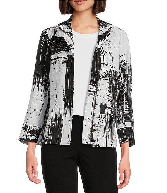 Ali Miles Abstract Print Soft Collar 3/4 Sleeve Zip-Up Jacket Product Image