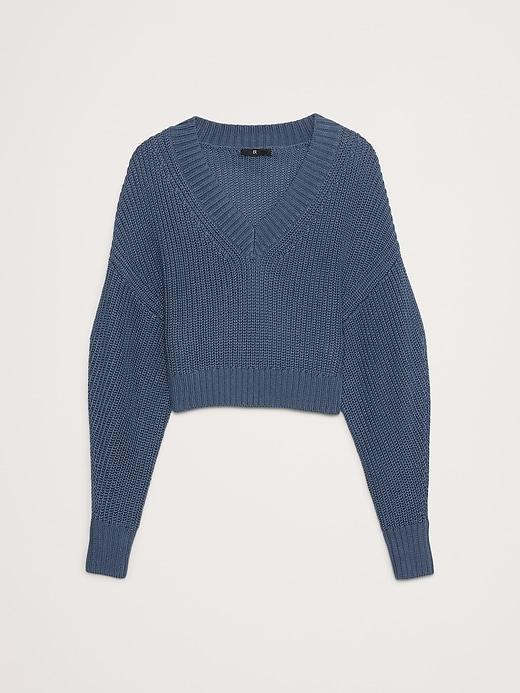 Oversized Cropped V-Neck Cotton Sweater Product Image