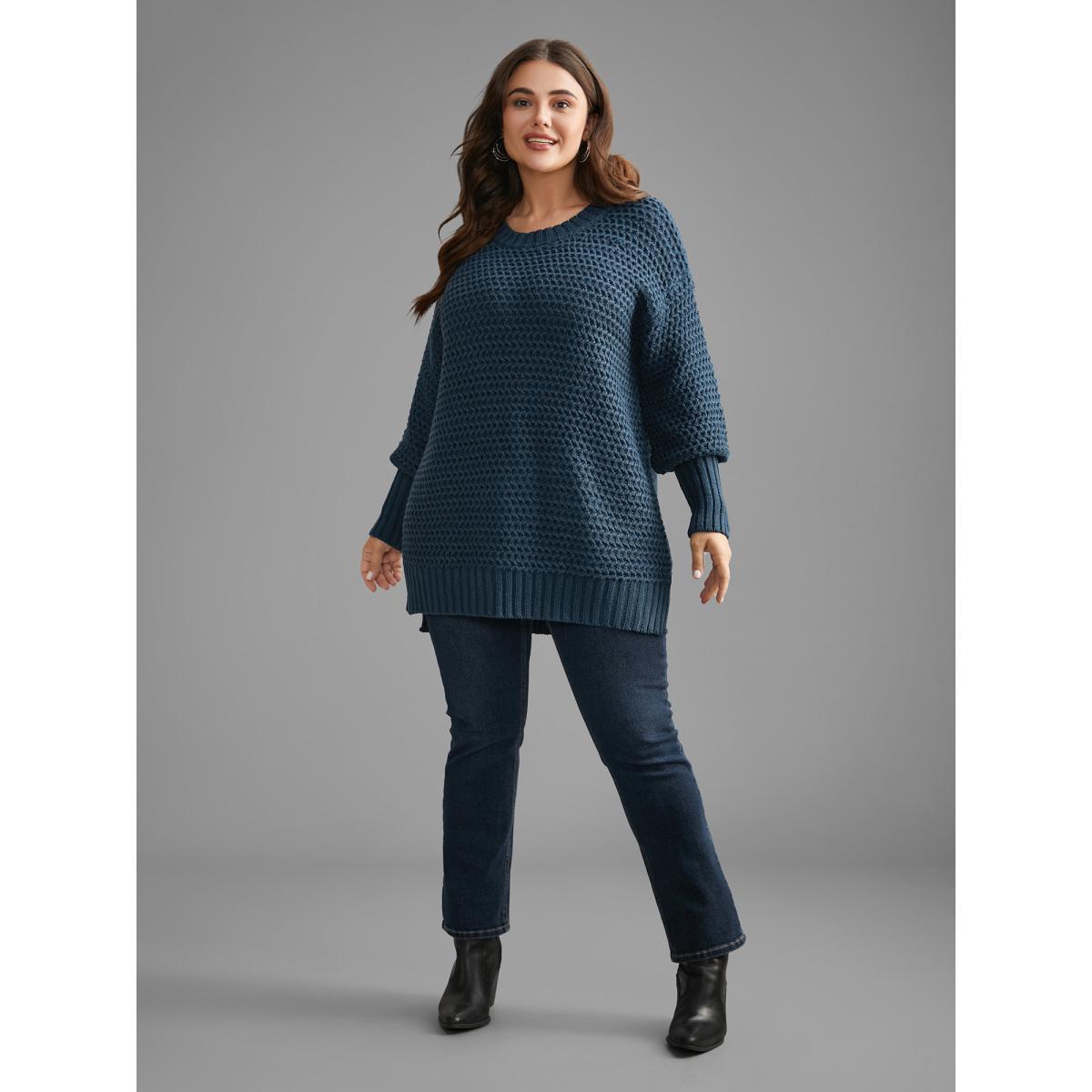 Plus Size Texture Drop Shoulder Split Hem Pullover Cyan Women Casual Loose Long Sleeve Round Neck Everyday Pullovers BloomChic 26/4X Product Image