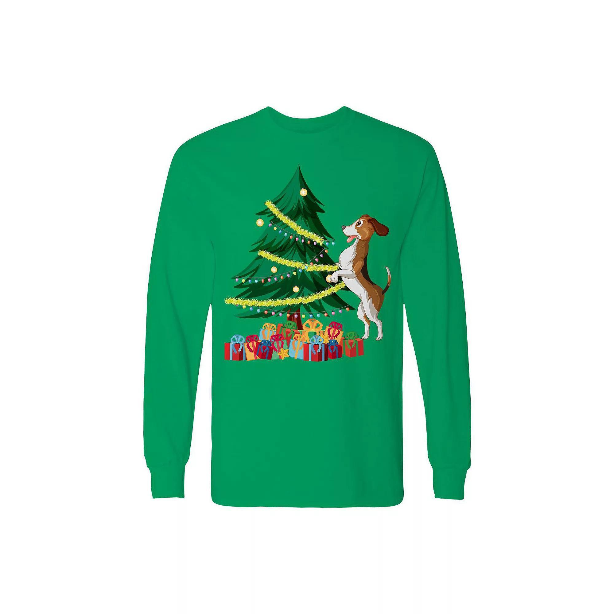 Men's Christmas Tree Dog Long Sleeve Graphic Tee, Size: Medium, Black Product Image