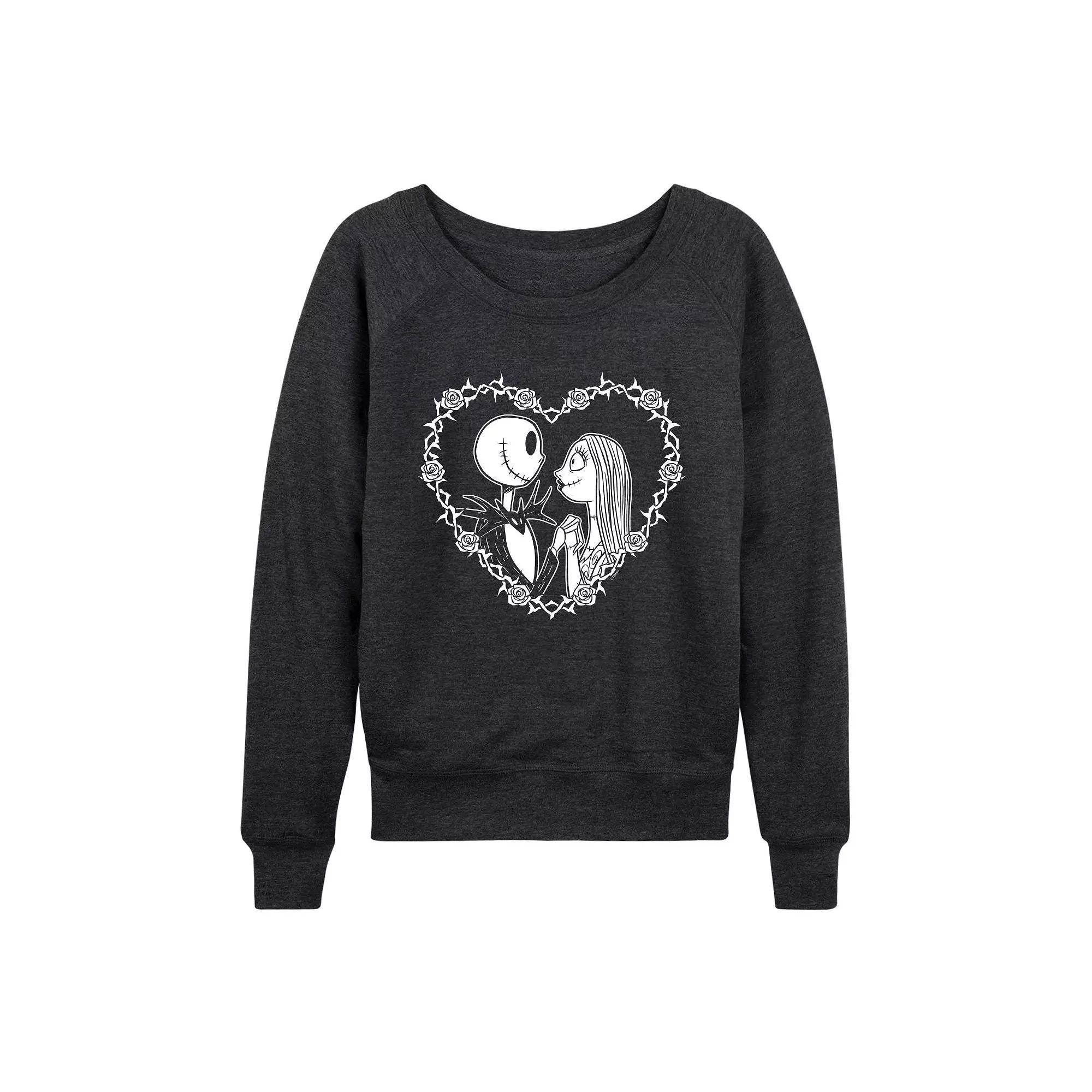 Disneys Nightmare Before Christmas Jack & Sally Womens Heart French Terry Long Sleeve Tee Heather Grey Product Image