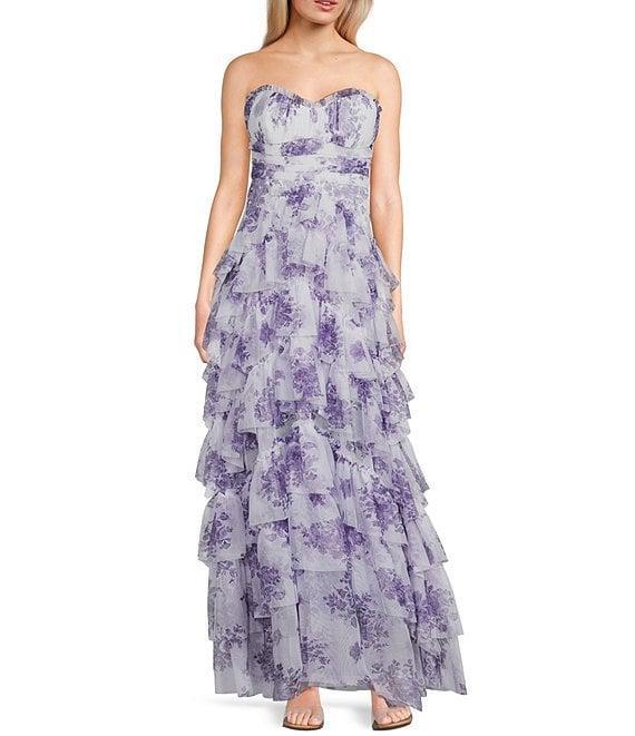 Pear Culture Printed Floral Mesh Strapless Corset Tiered Dress Product Image