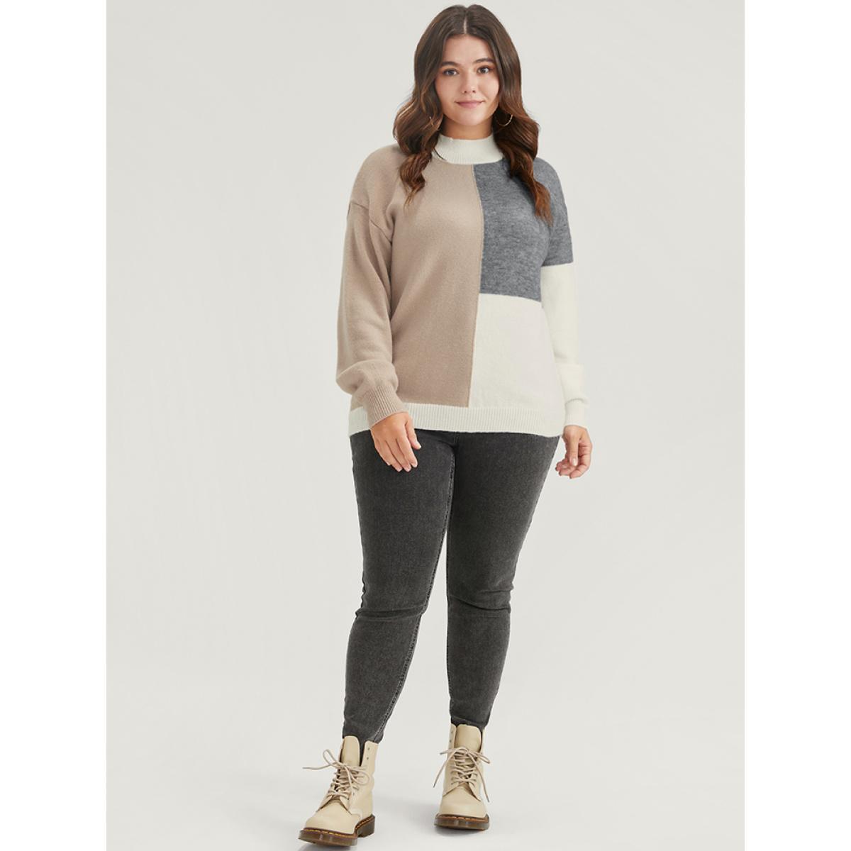 Plus Size Colorblock Contrast Pointelle Knit Heather Mock Neck Knit Top Multicolor Women Casual Long Sleeve Mock Neck Dailywear Pullovers BloomChic 26/4X Product Image