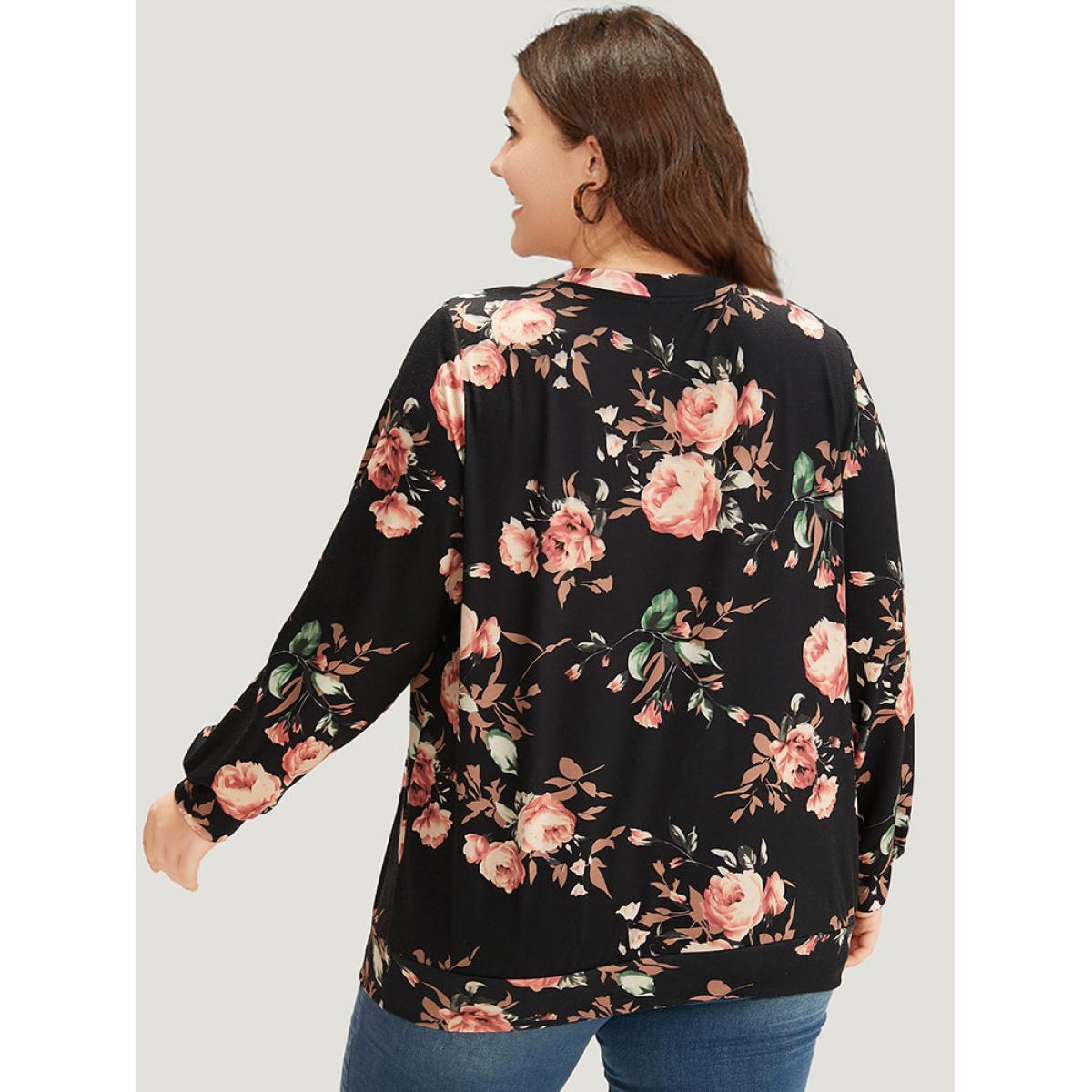 Plus Size Floral Print Round Neck Sweatshirt Women Multicolor Casual Elastic cuffs Round Neck Dailywear Sweatshirts BloomChic 26/4X Product Image