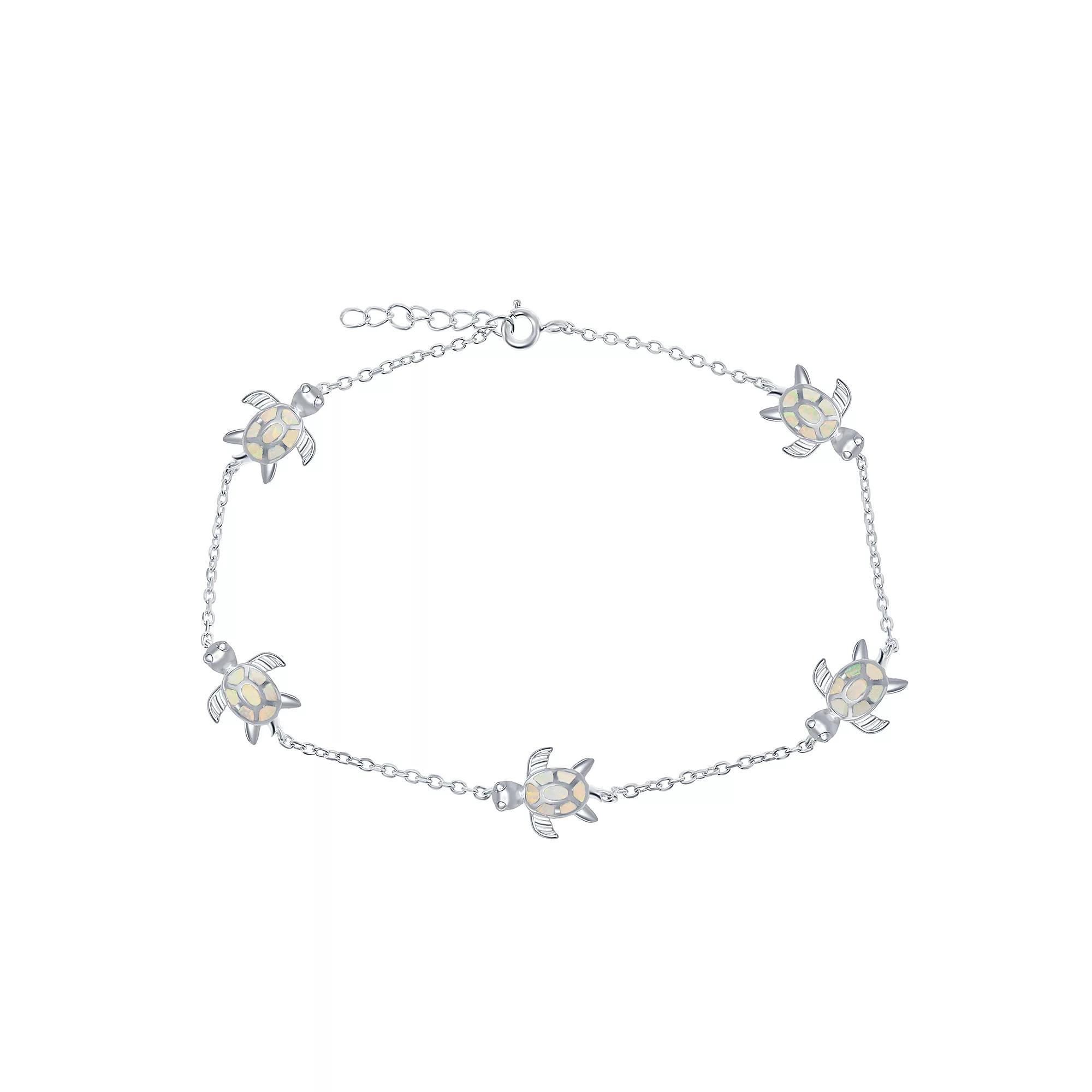 Sterling Silver Lab-Created Opal Sea Turtle Anklet, Womens White Product Image