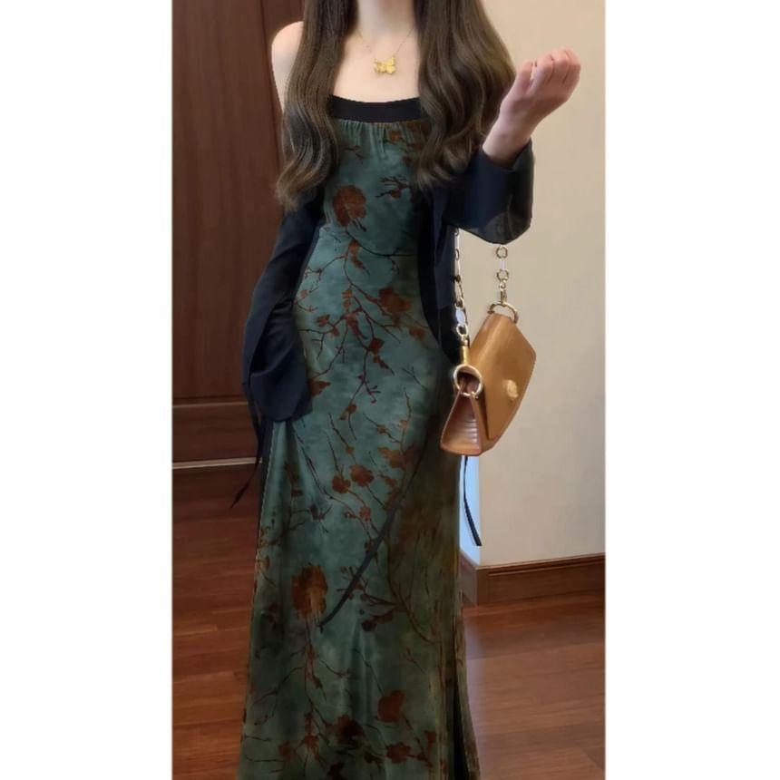Set: Spaghetti Strap Floral Bead Velvet Midi A-Line Dress + Plain Cardigan Product Image