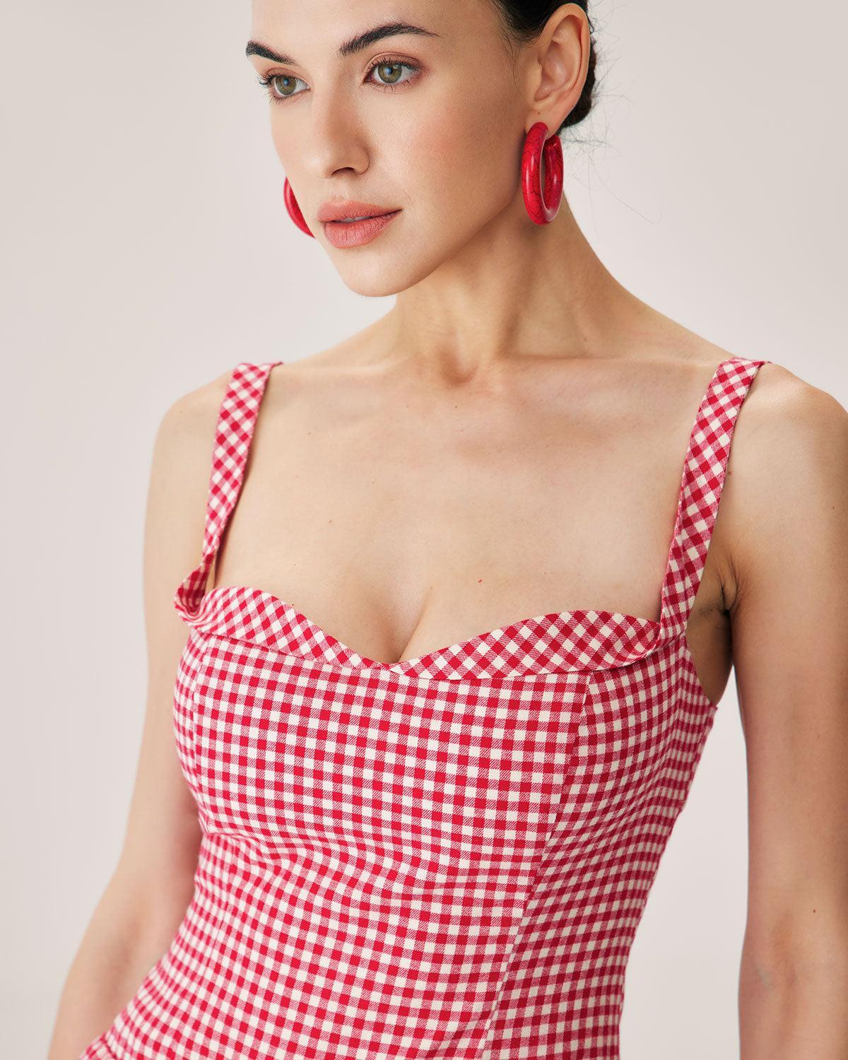 Red Plaid Sweetheart Neck Slip Mini Dress Product Image