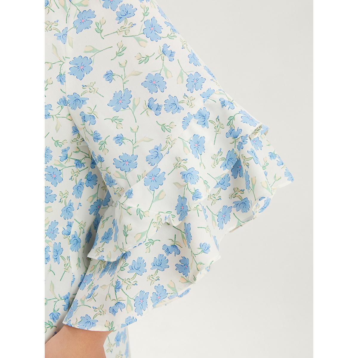 Plus Size White Floral Printed Knotted Front V Neck Ruffle Sleeve Blouse Women Elegant Elbow-length sleeve V-neck Dailywear Blouses BloomChic 14-16/1X Product Image