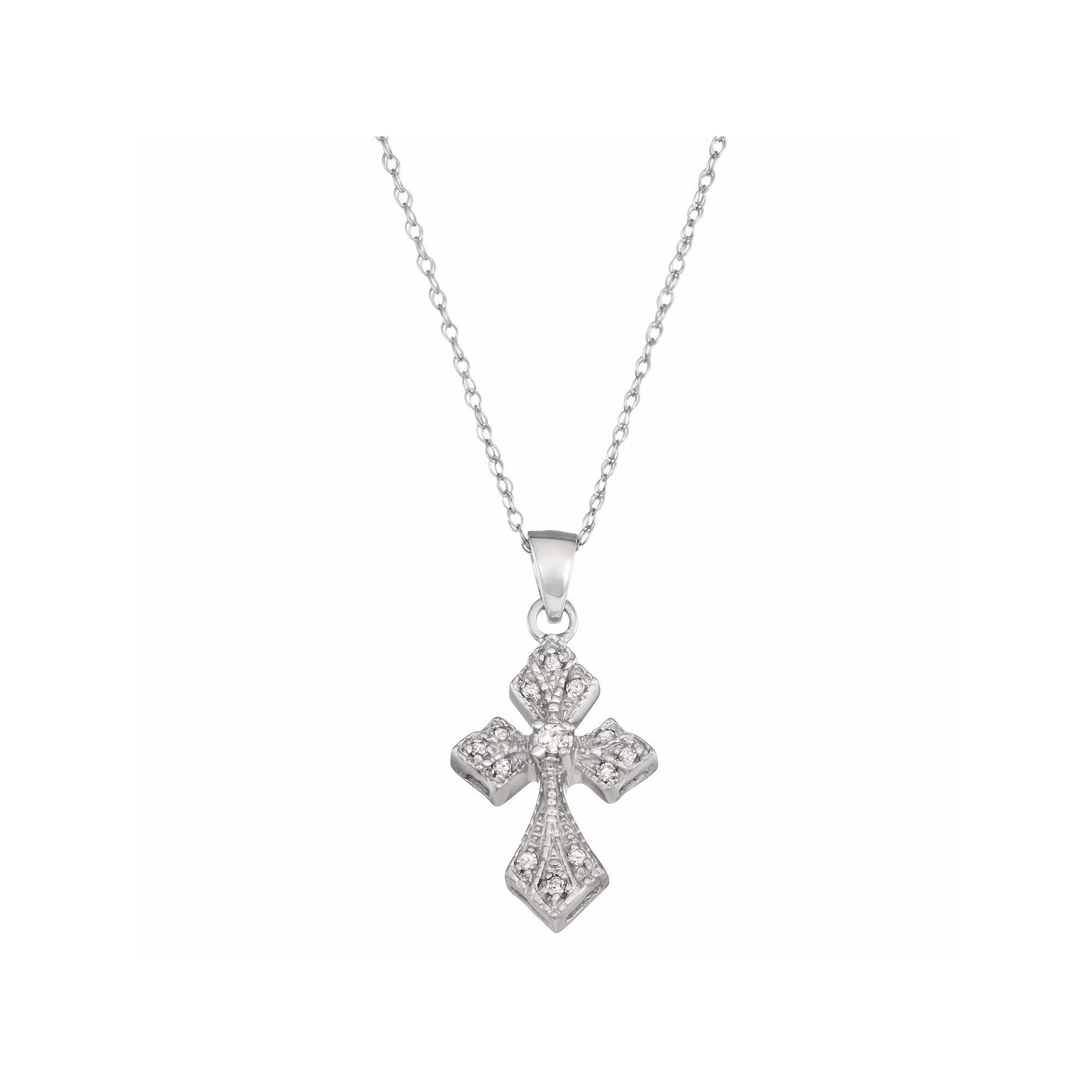 10k White Gold 1/10 Carat T.W. Diamond Cross Necklace, Women's, Size: 18" Product Image