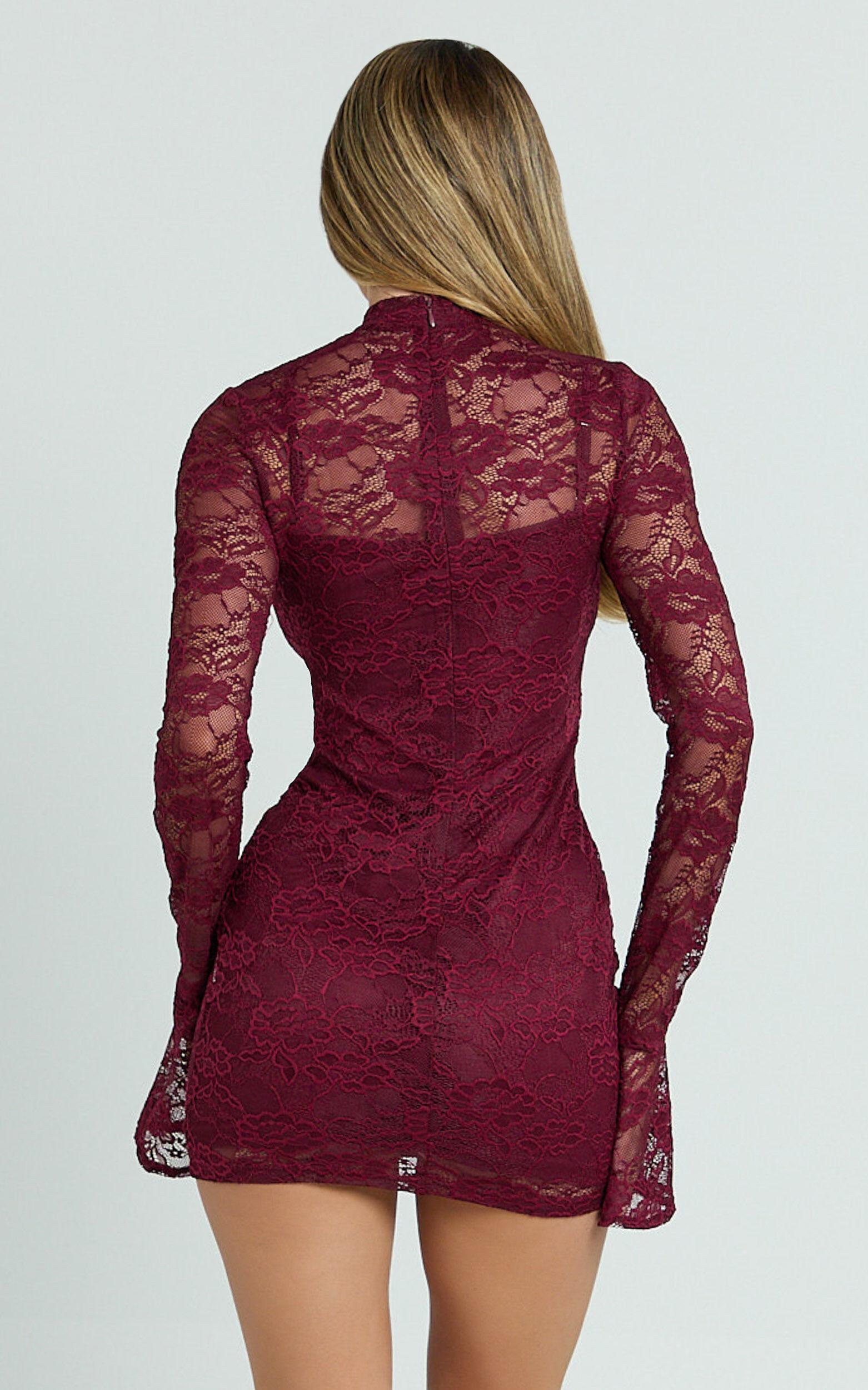 Dexter Mini Dress - Lace Frill Sleeve High Neck Dress in Wine Product Image