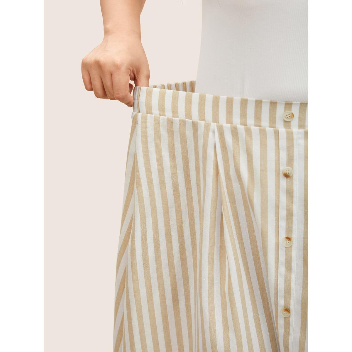 Plus Size Stripes Elastic Waist Button Detail Pocket Skirt Women Apricot Work From Home Button No stretch Slanted pocket Work Skirts BloomChic 10/M Product Image
