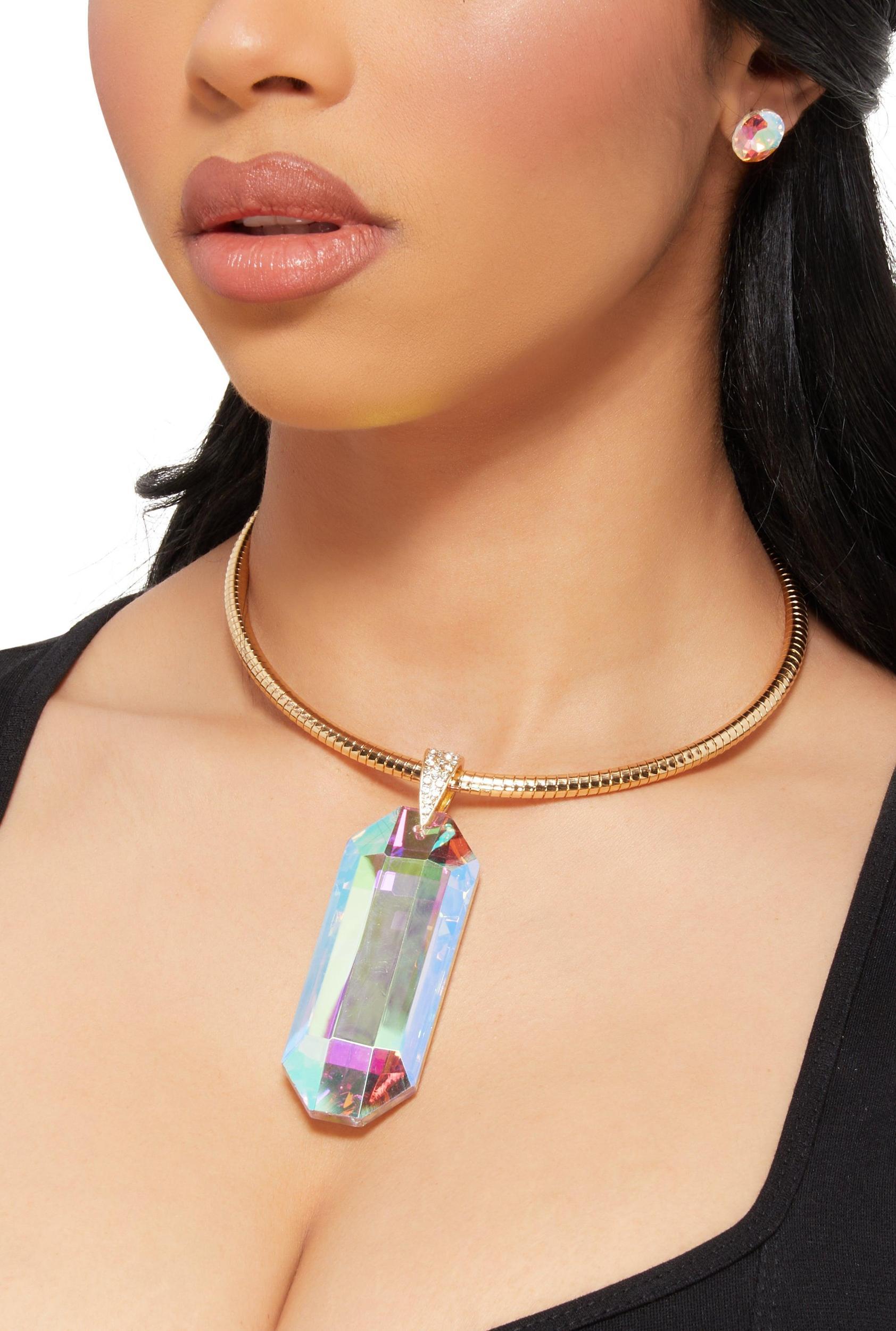 Iridescent Crystal Collar Necklace and Stud Earrings Female Product Image