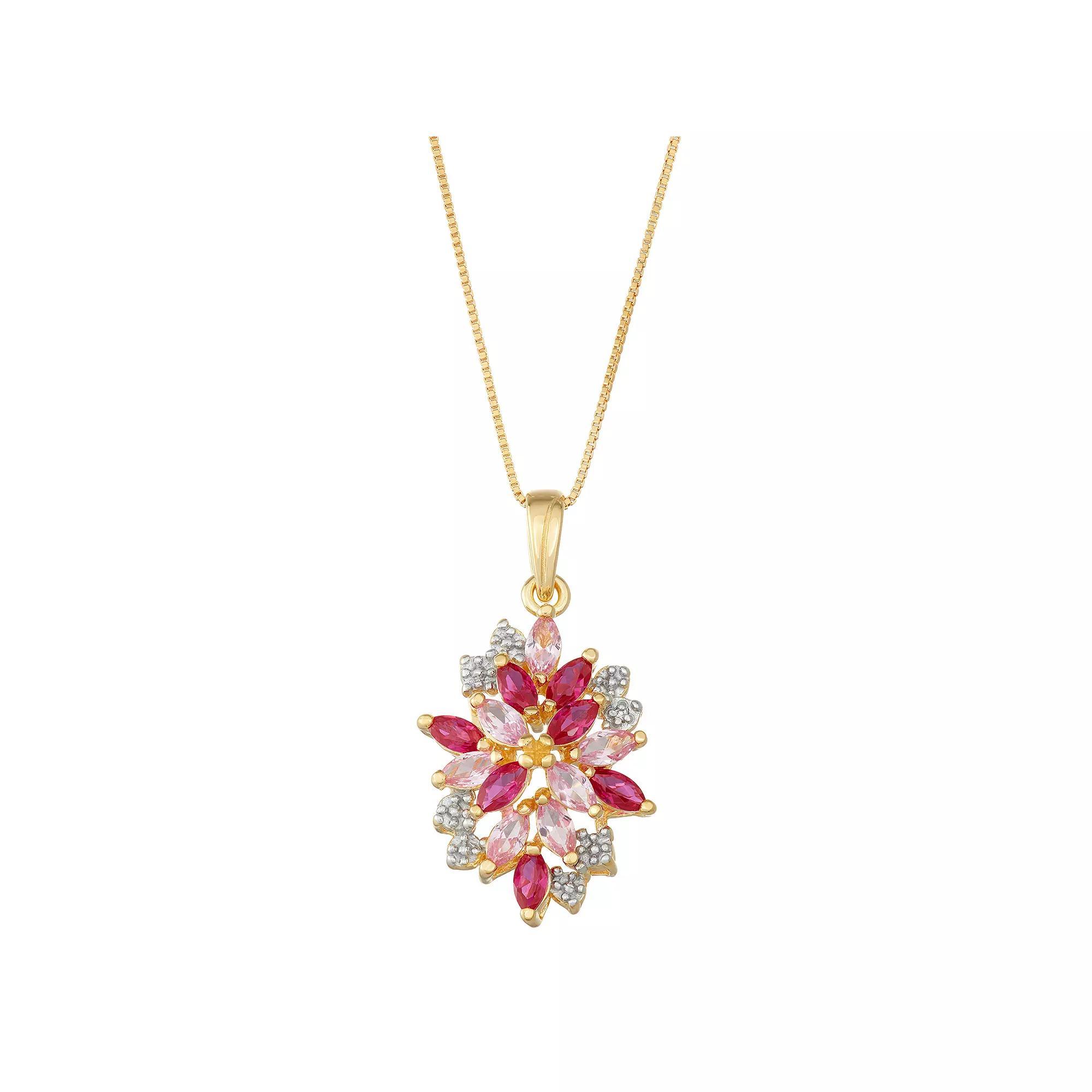 14k Gold Over Silver Lab-Created Ruby & Sapphire Cluster Pendant Necklace, Women's, Size: 18", Sterling Product Image