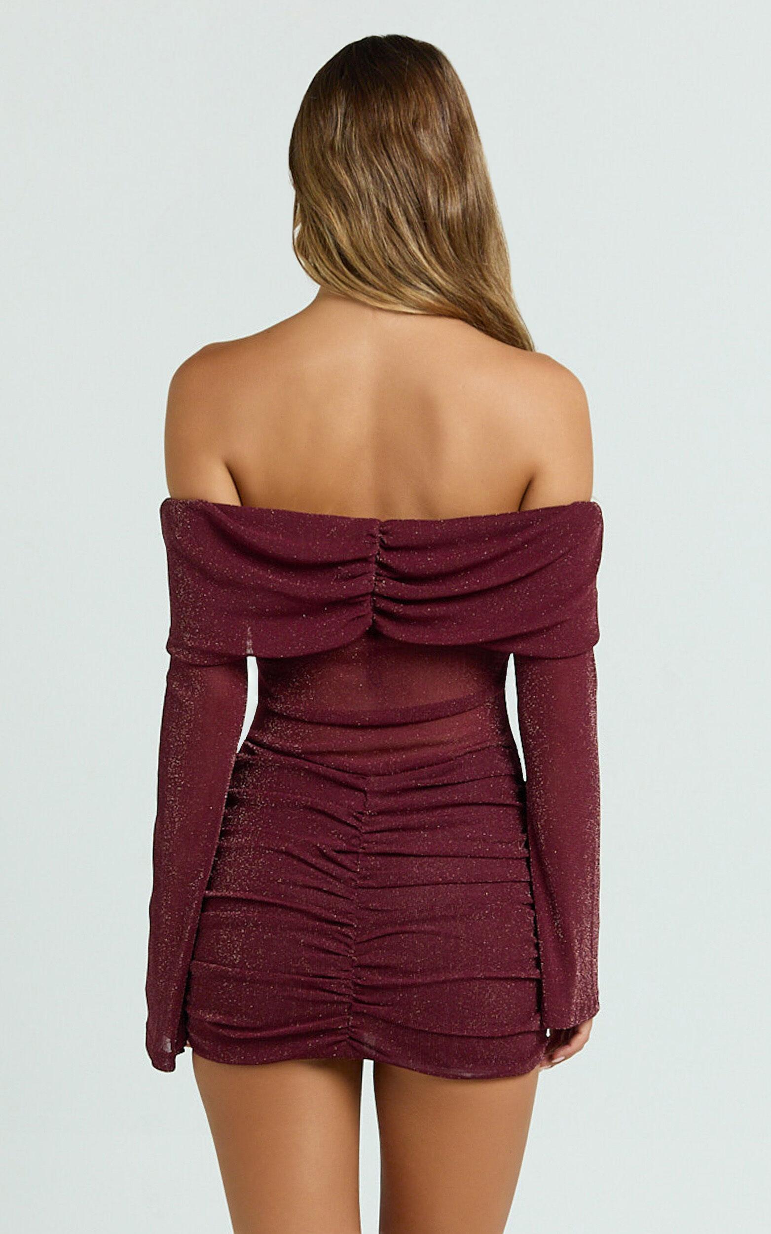 Rumi Mini Dress - Glitter Tulle Off Shoulder Ruched Dress in Wine Product Image