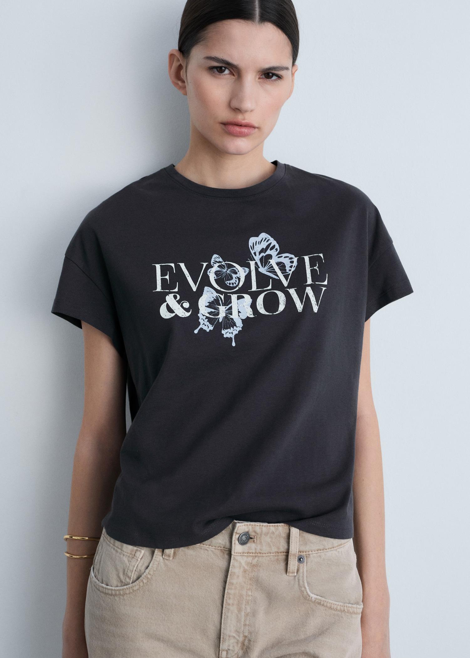 Cotton t-shirt with printed message - Women | MANGO USA Product Image