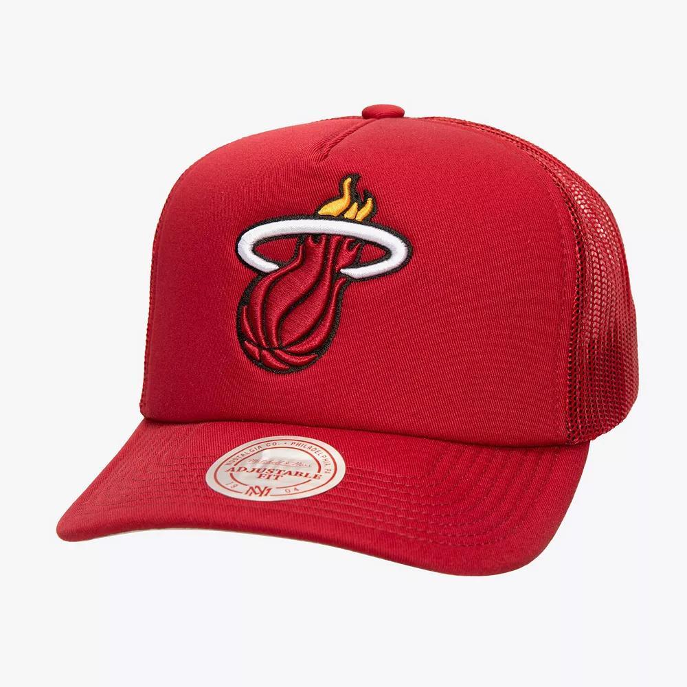Men's Mitchell & Ness Red Miami Heat Core Evergreen OTC Trucker Adjustable Hat Product Image