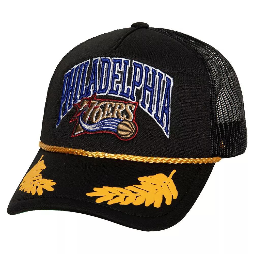 Men's Mitchell & Ness Black Philadelphia 76ers Hardwood Classics Gold Leaf Mesh Trucker Snapback Hat, 76r Black Product Image